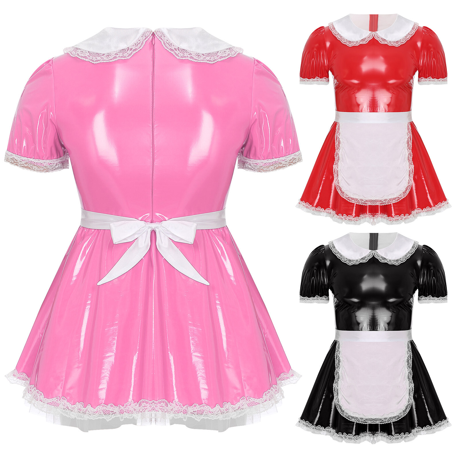 Mens Cosplay Stage Maid PVC Leather Dress Party Clubwear Back Zipper Uniform