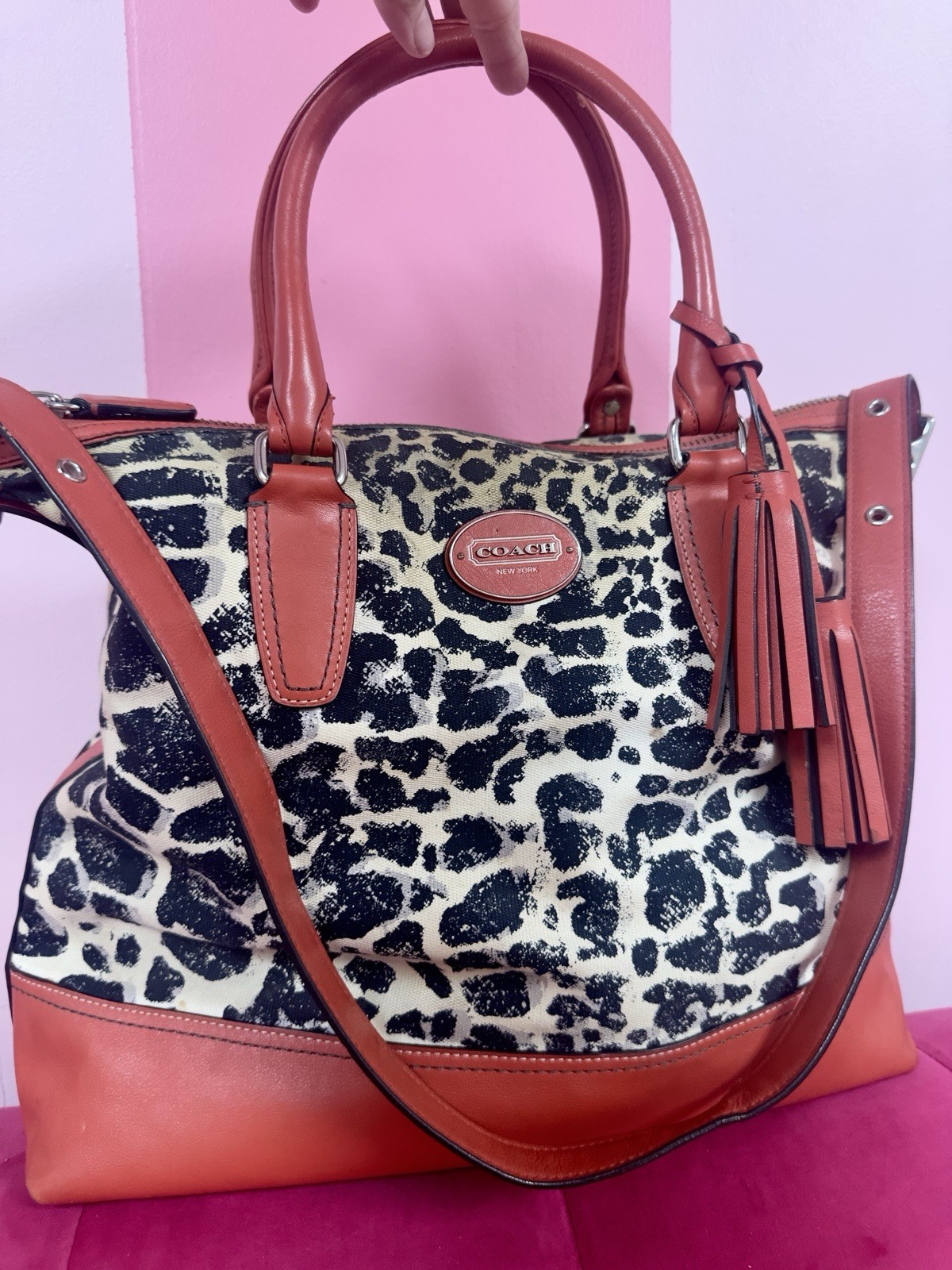 Coach vintageleopard ocelot large satchel top handle zip silver hw w strap rare