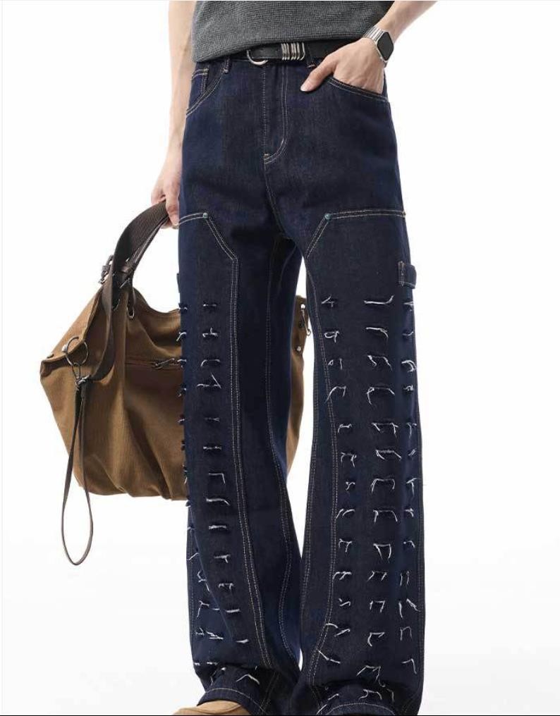 Men’s Dark Blue Denim Jeans Straight Leg Ripped Casual Punk Hip Hop Trousers New