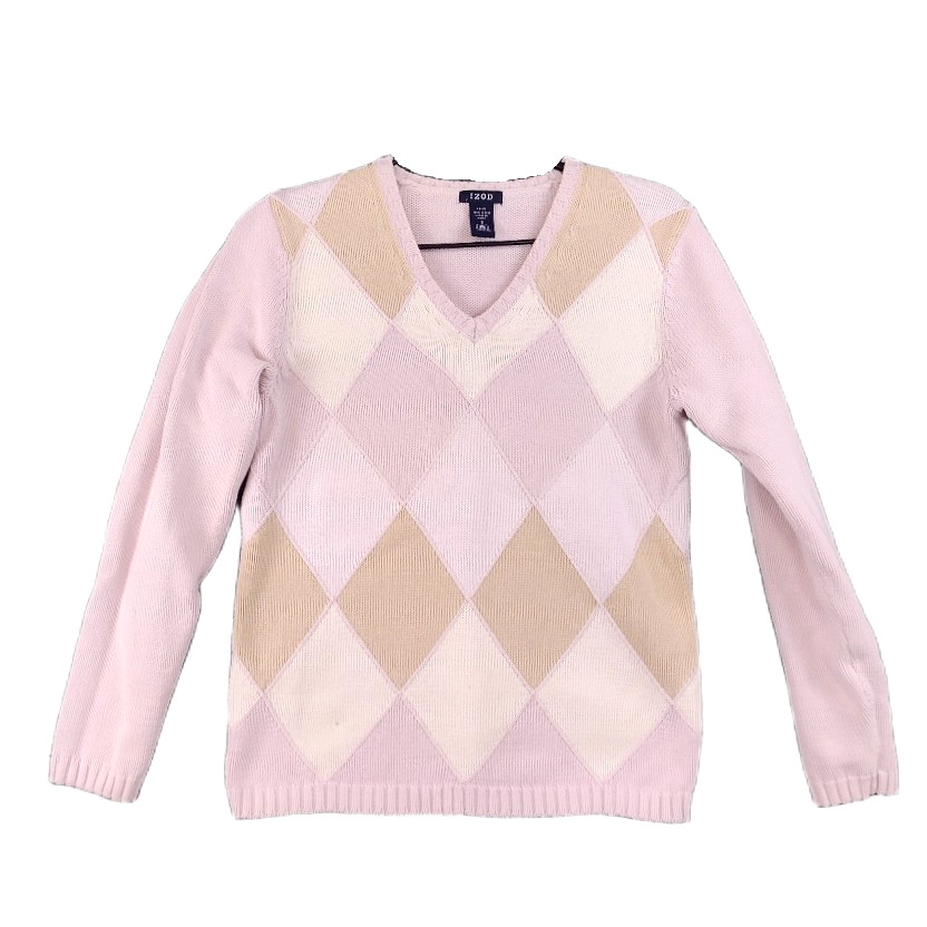 VTG IZOD Sweater Womens Small Preppy Pink Argyle V Neck 100% Cotton Long Sleeve