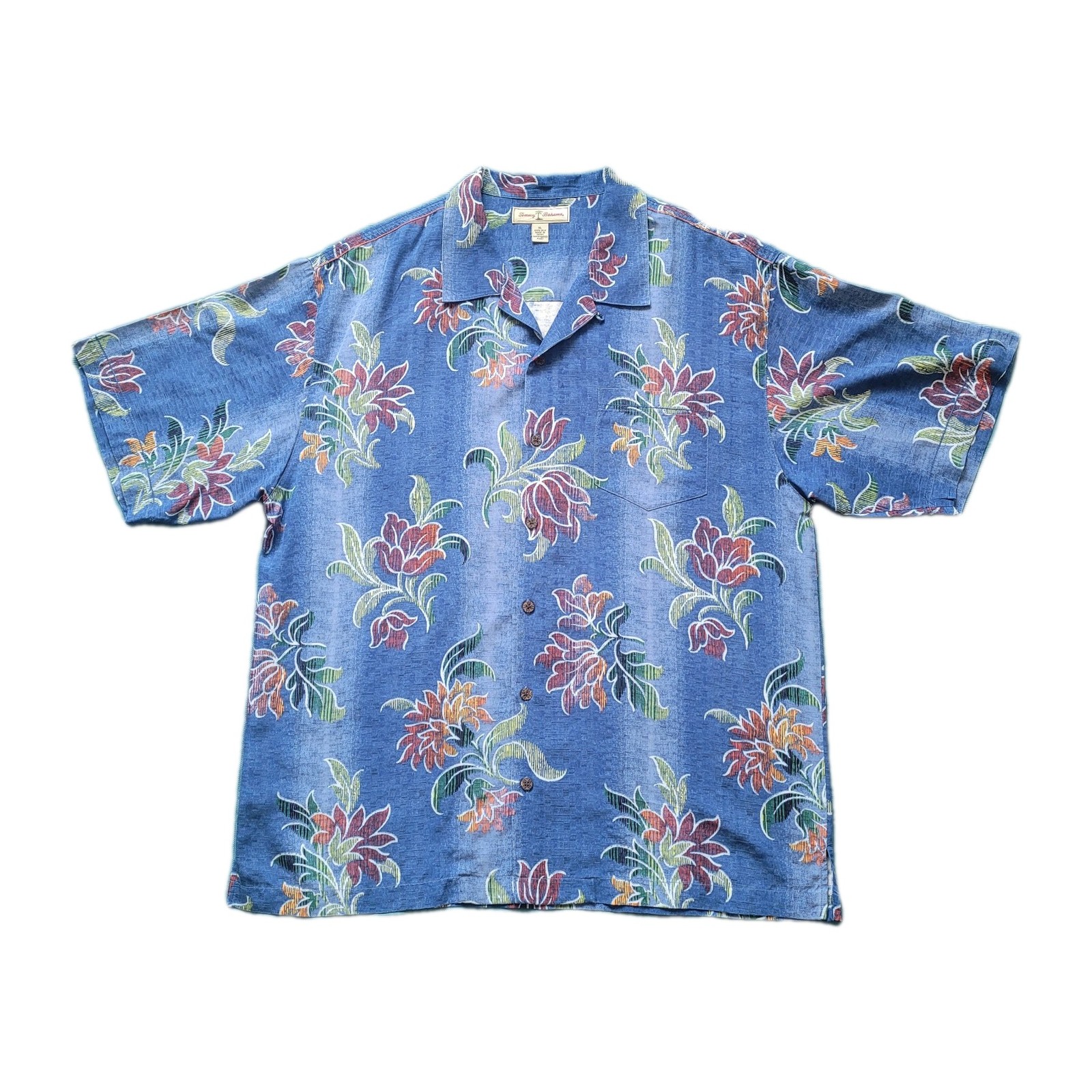 Tommy Bahama Men’s XL 100% Silk Blue Floral Hawaiian Camp Shirt Aloha Tropical