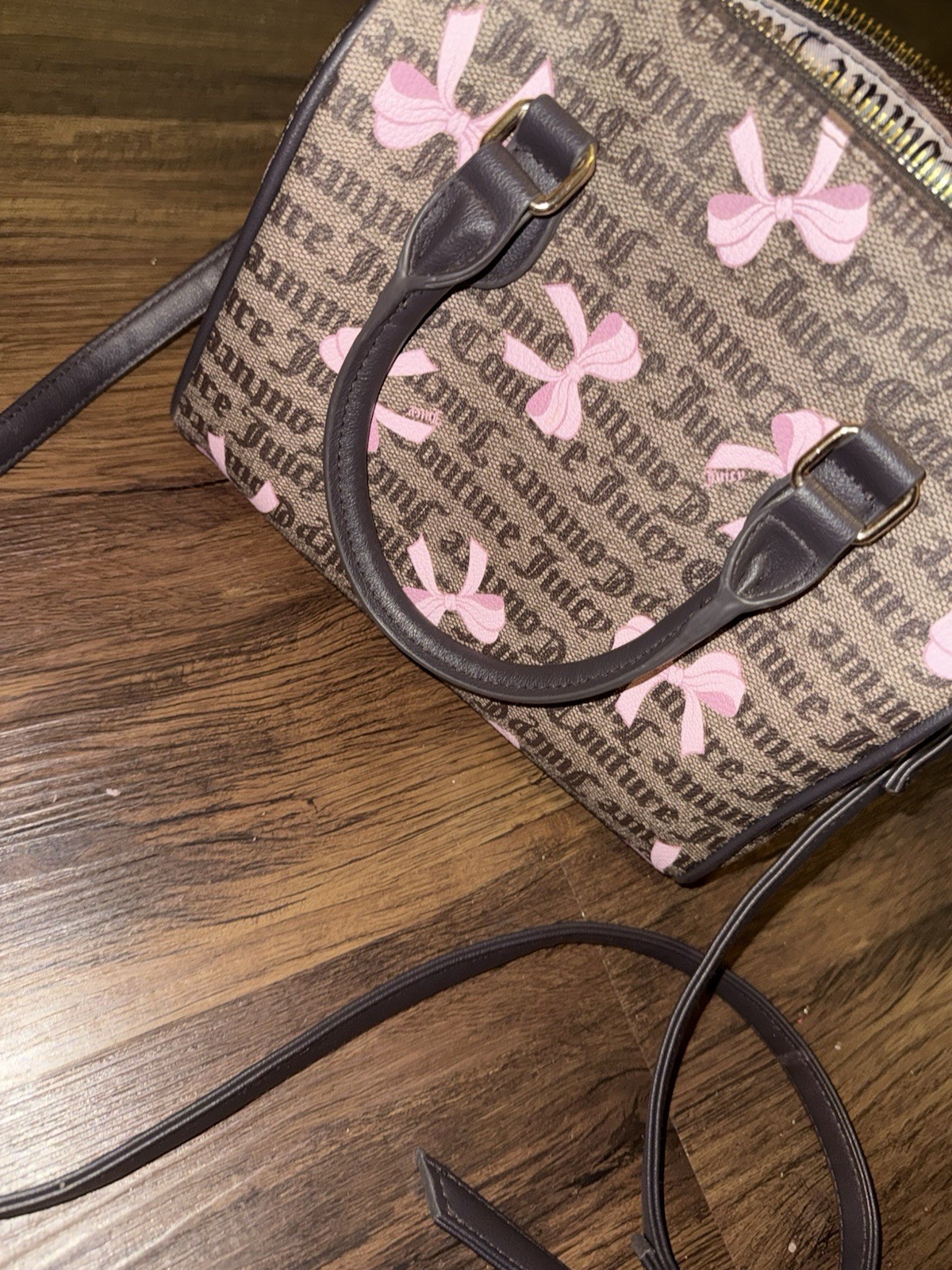 Juicy Couture Brown & Pink Logo Bow Satchel Top Handle Zip w/ Detachable Strap