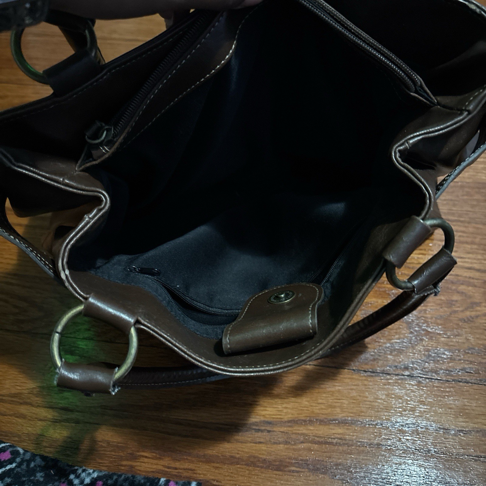 Brown Shoulder Bag Buckle Accent Zipper Silver Hardware Double Handles Women