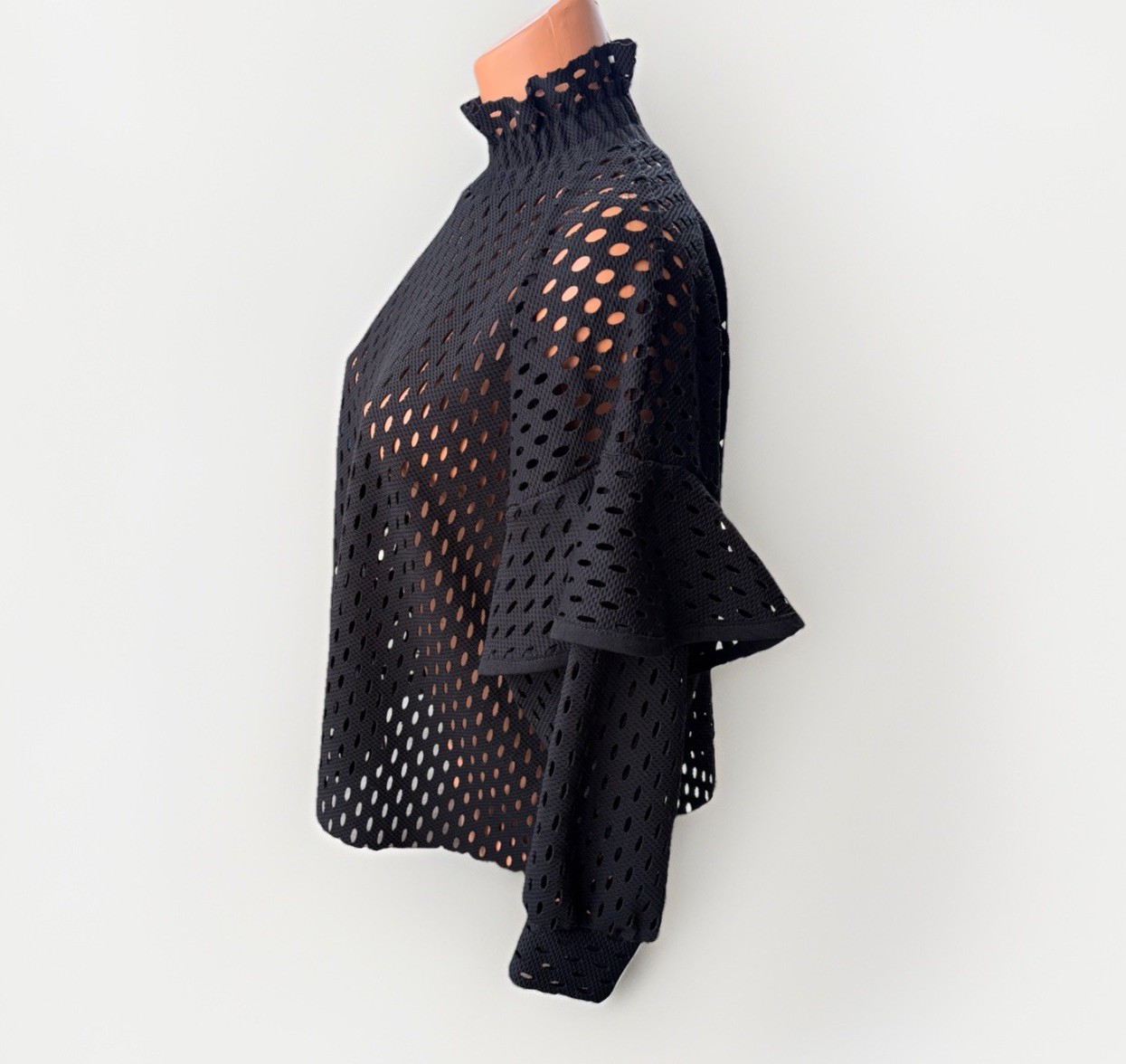 Minkie Black Open Knit Crochet Ruffle Sleeve Mock Neck Pullover Blouse Size L