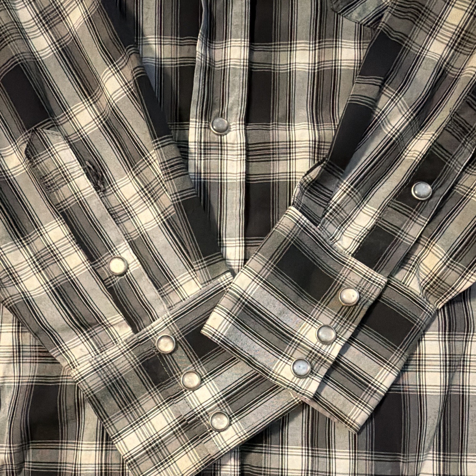 Rodeo Clothing Co. Men’s Black Gray White Plaid Button-Up Shirt L with Pockets