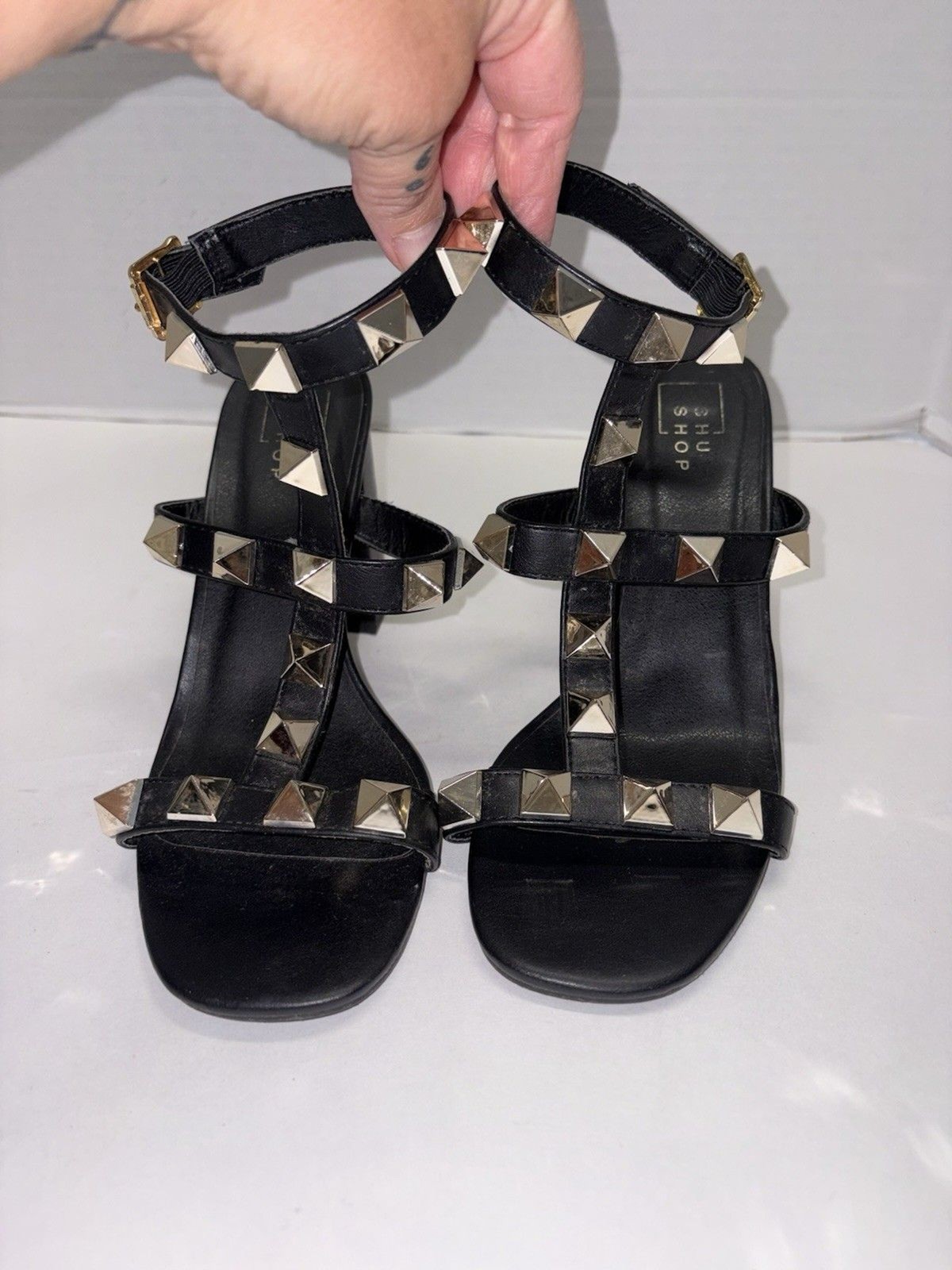 Block High Heel Studded Ankle Strap Buckle PU-Leather Open-Toe Formal Fashion 9