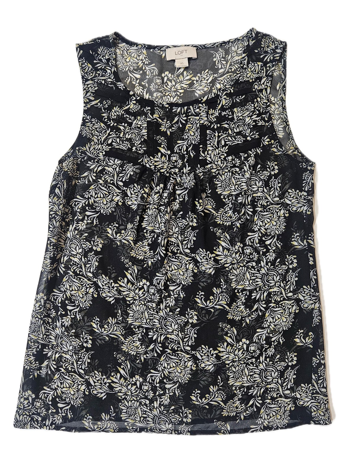 LOFT Blouse Womens XS Black Floral Pleated Sleeveless Round Neck Chiffon