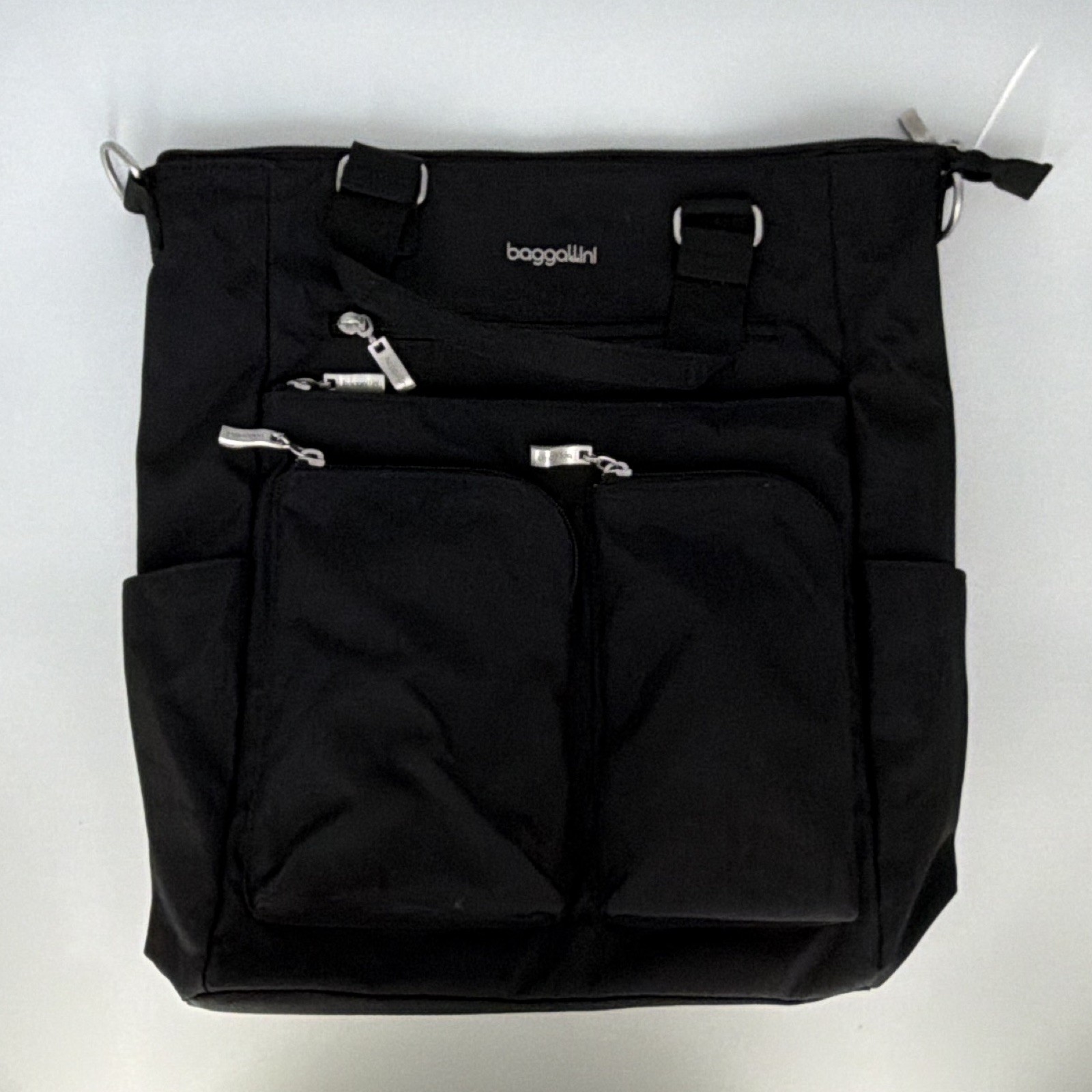 baggallini Black Medium Tote Bag Zip Closure, Outer Pockets, Detachable Strap
