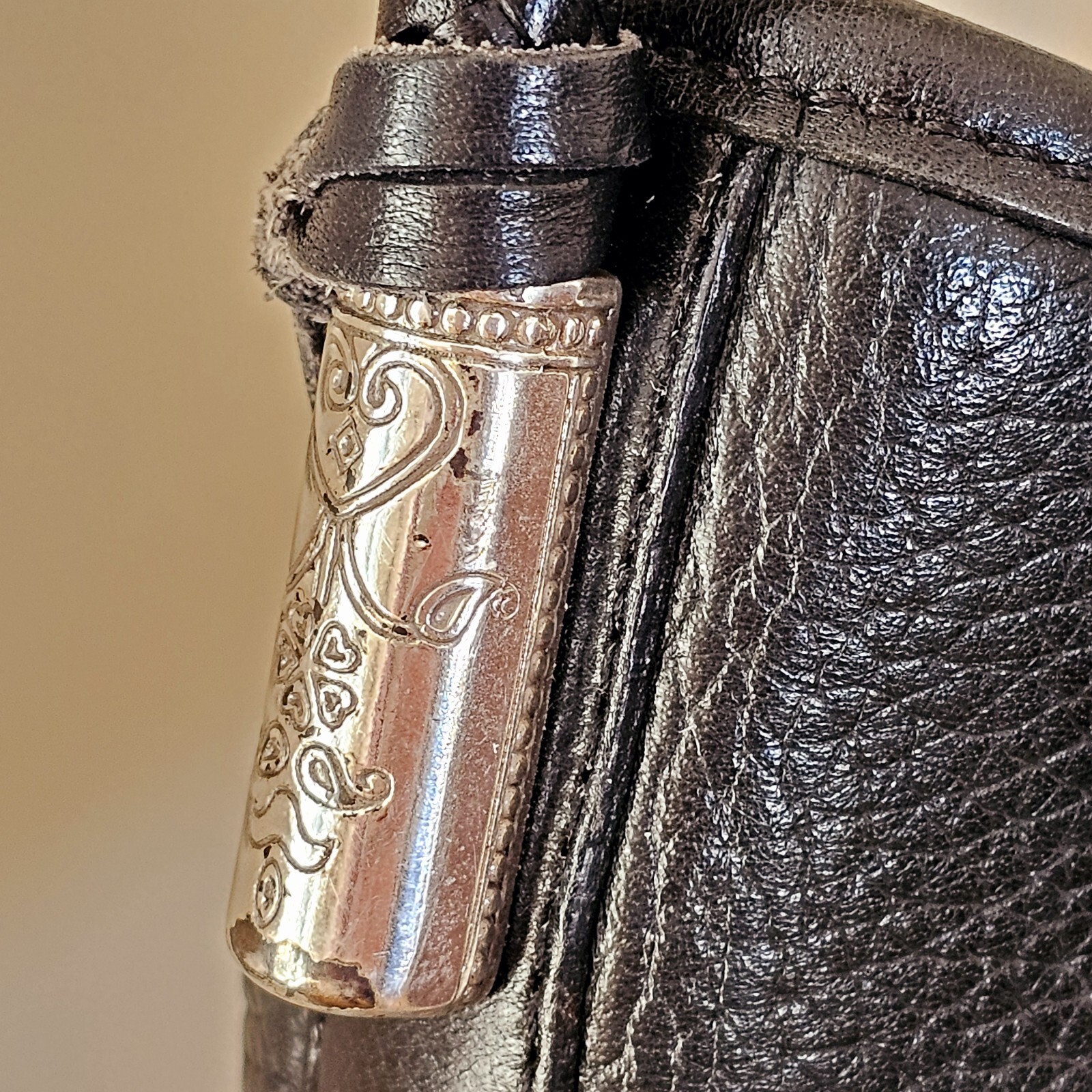 VTG Brighton Black Pebble Leather Braided Strap Silver Heart Purse Hobo HandBag