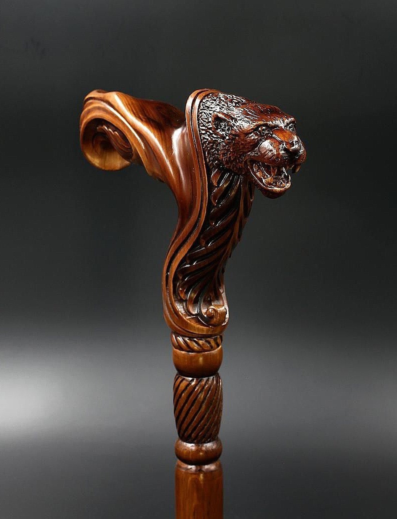 Hand Carved Wooden Walking Cane Panther Head Collectible Gentleman Walking Stick