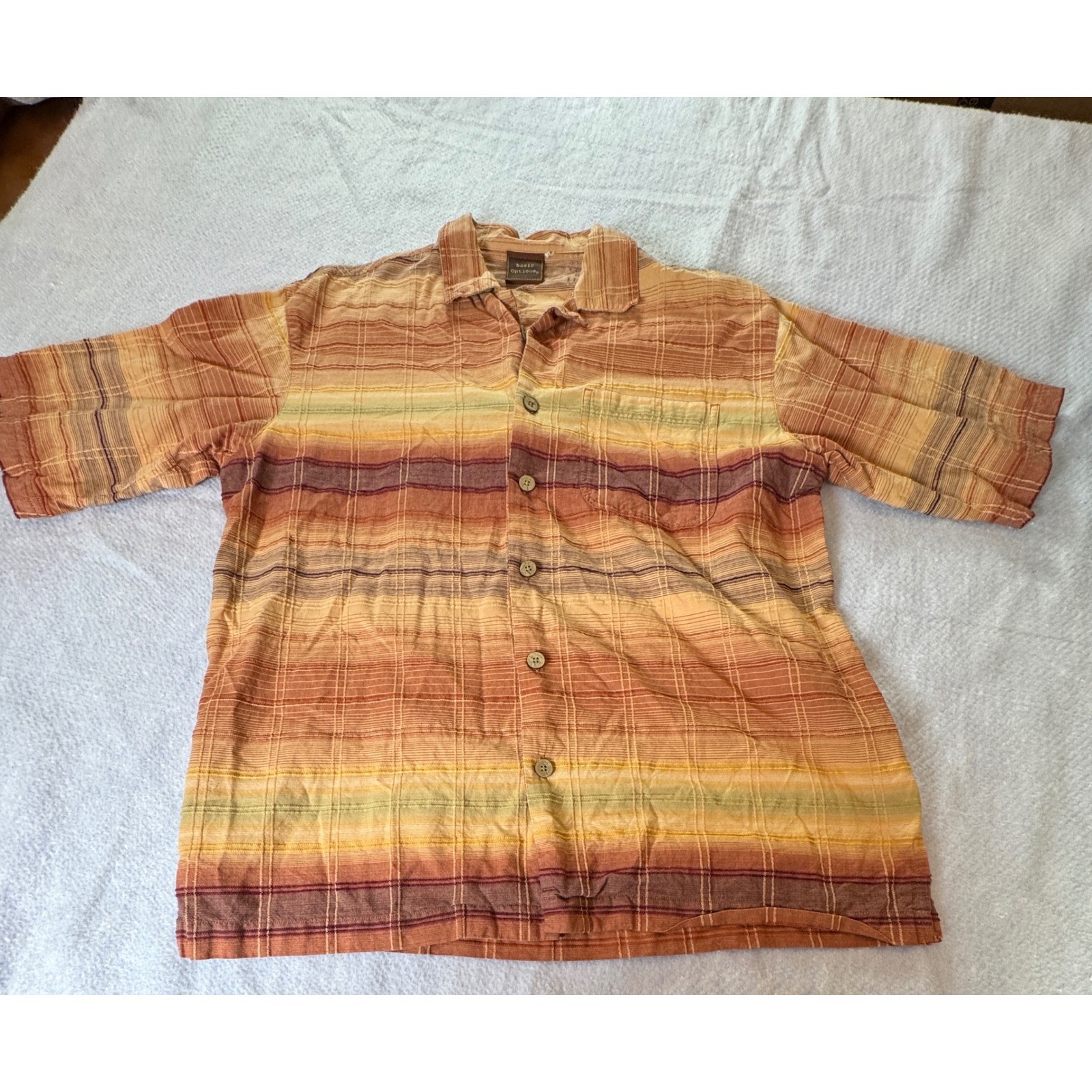 Basic Options Mens Short Sleeve Button Down Shirt Earth Tone Striped Textured XL
