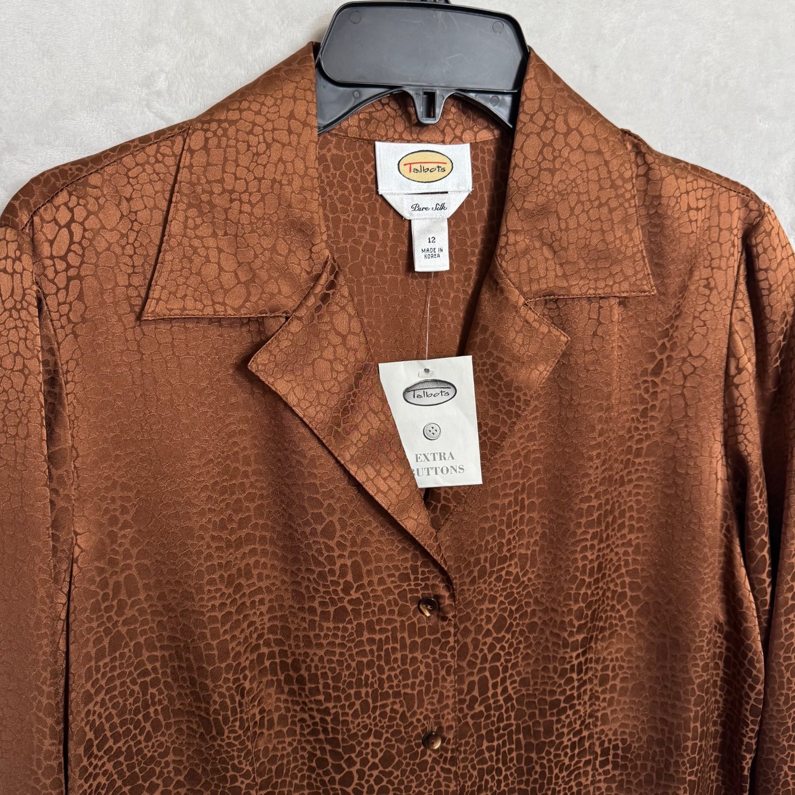 NWT Vintage Talbots 100% Silk Blouse Bronze Copper Top Sz 12 Career Monochrome