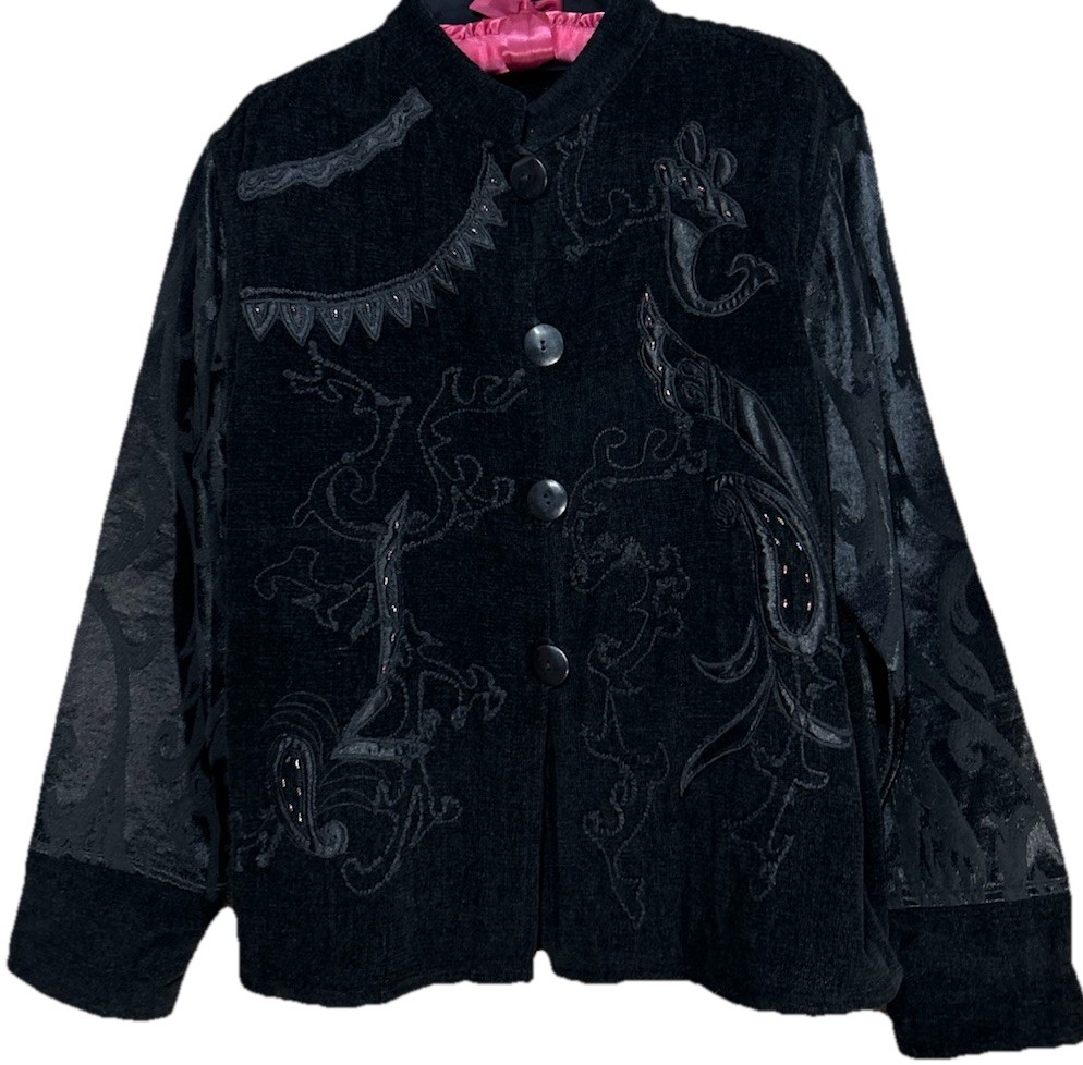 Flashback Jacket L Black Jacquard Chenille Embroidered Beaded Vintage Size Large