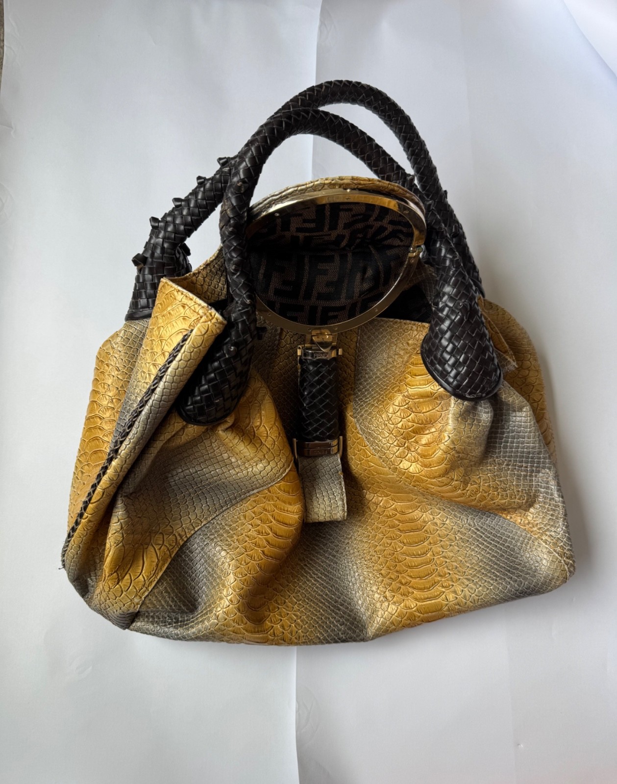 RARE Python FENDI Spy Bag Mustard Yellow and Grey Ombré Woven Handle