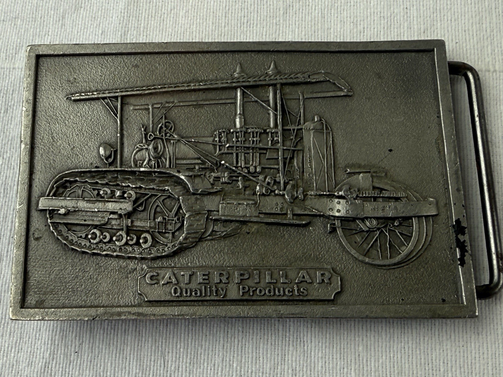 VTG Caterpillar Old Tractor Belt Buckle Rectangle 1975 Pewter 3.5in By 2.25in