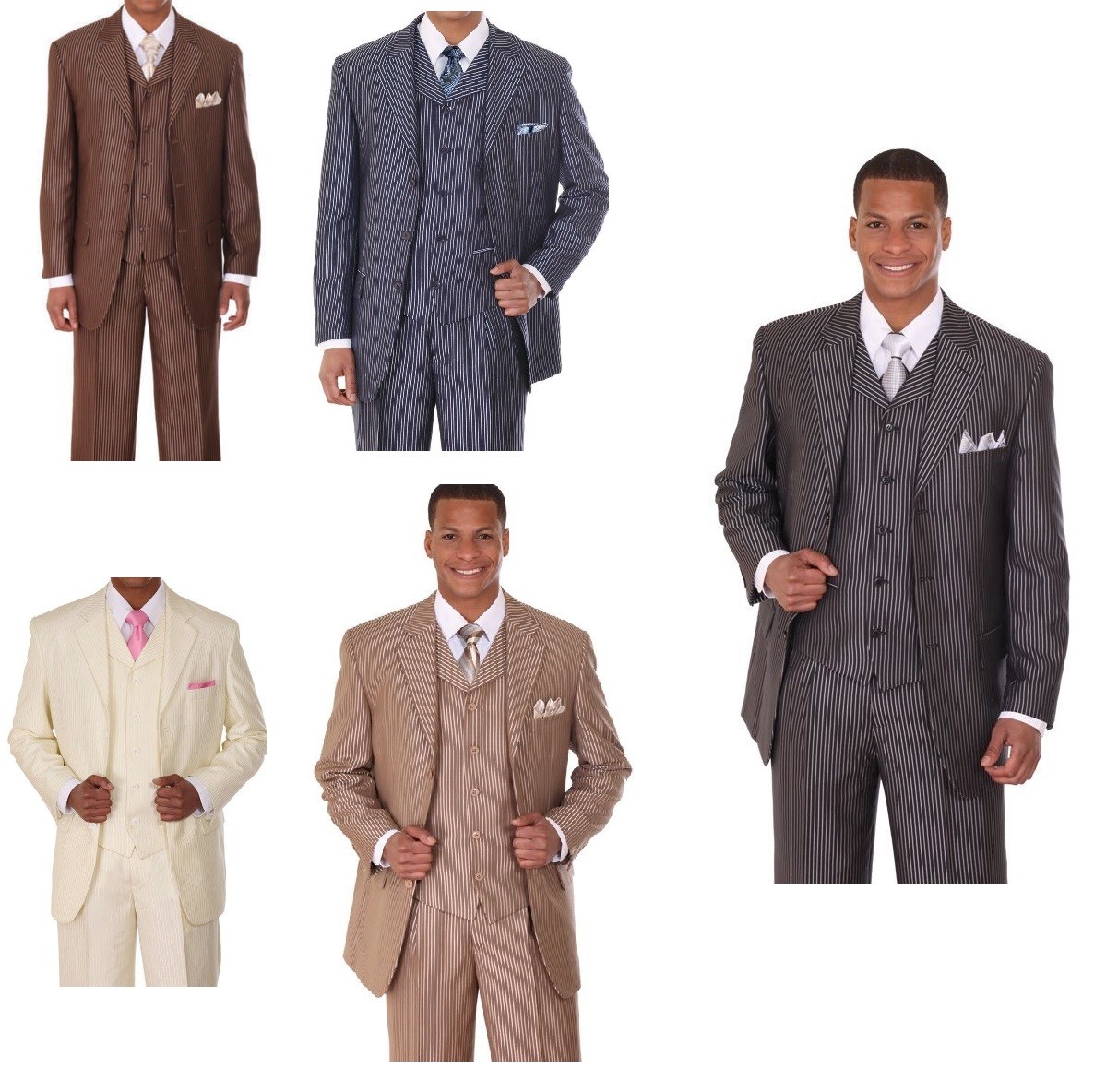 Men’s Three Button Pin-Striped Fashion Suit w/ Matching Vest 5802V5 Cream