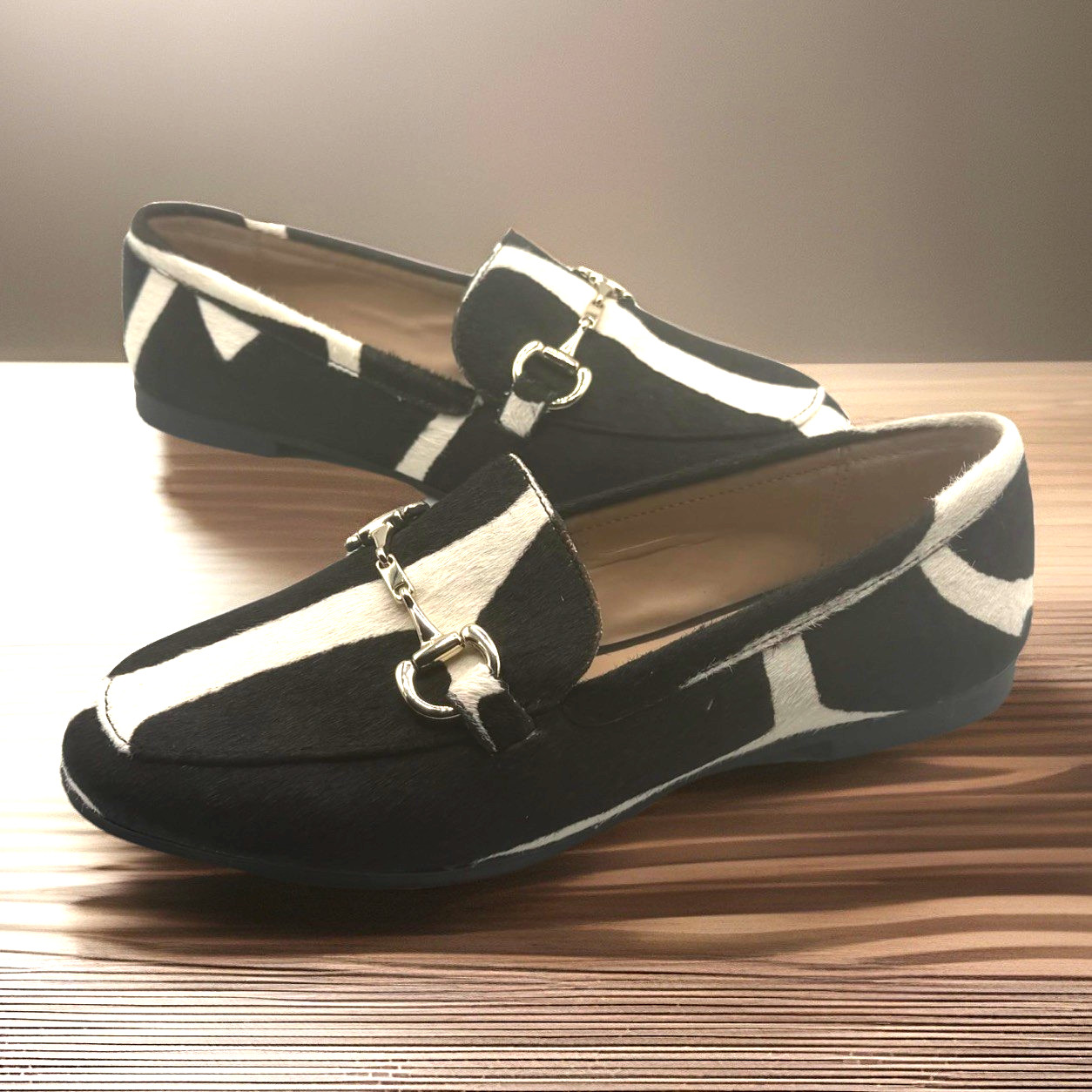 Alfani Step n Flex Women 7 Dark Brown Beige Haircalf Calfhide Gold Bit NWOT
