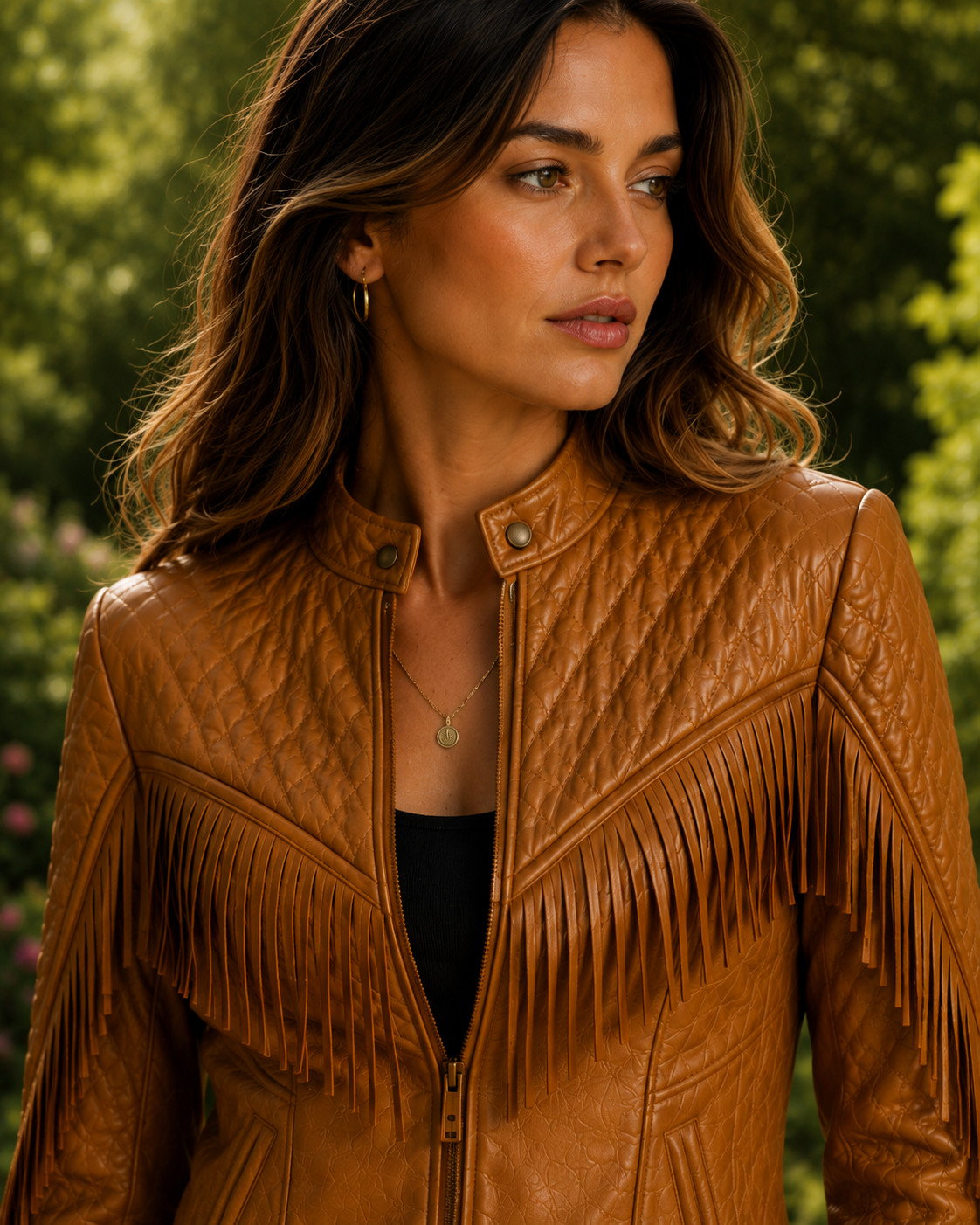 Womens Tan Mustard Leather Fringe Jacket – Quilted Western – Moto Biker Zip Coat