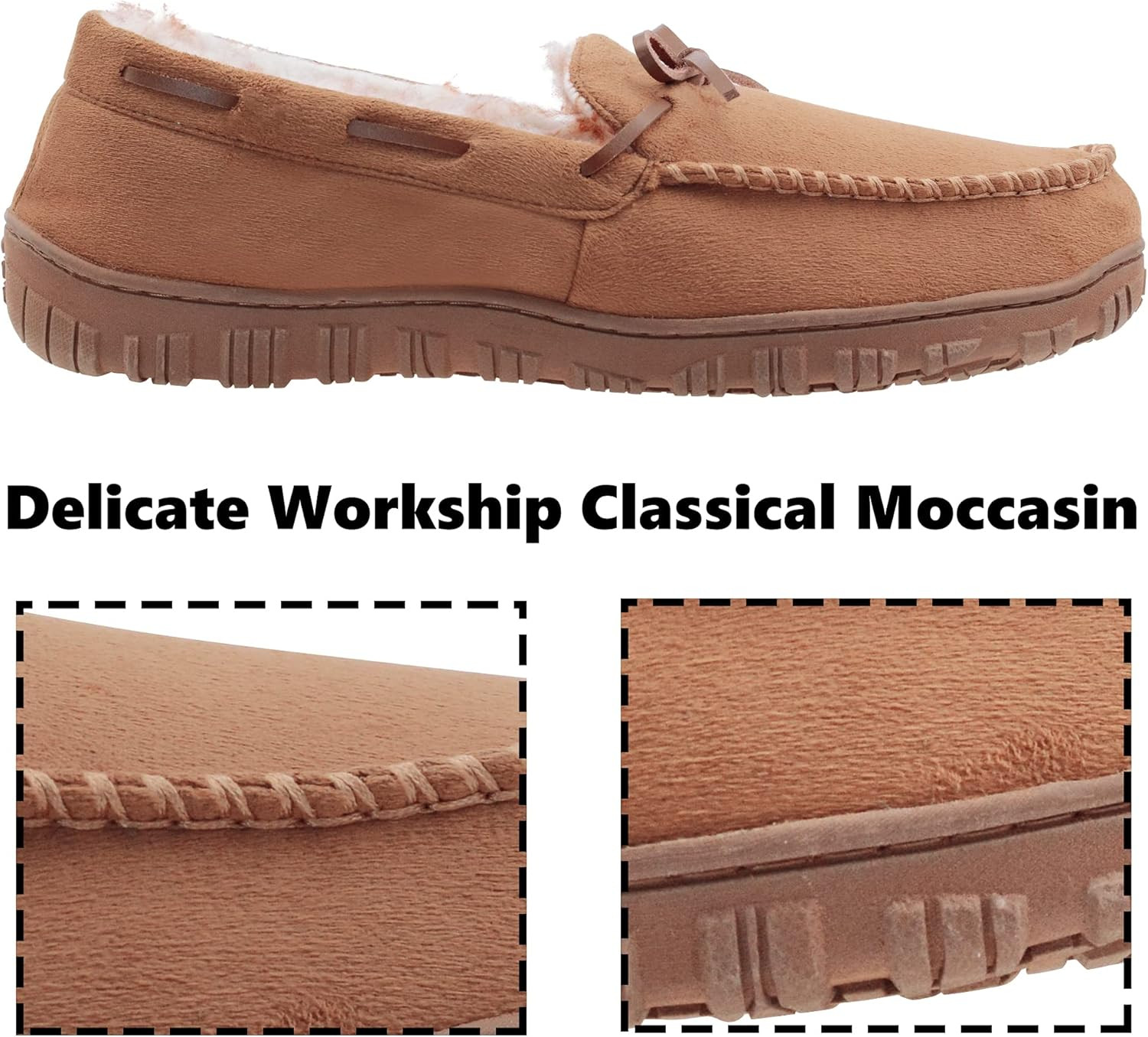 Mens Moccasin Slippers with Memory Foam Arch Support, Non Slip Rubber Sole House