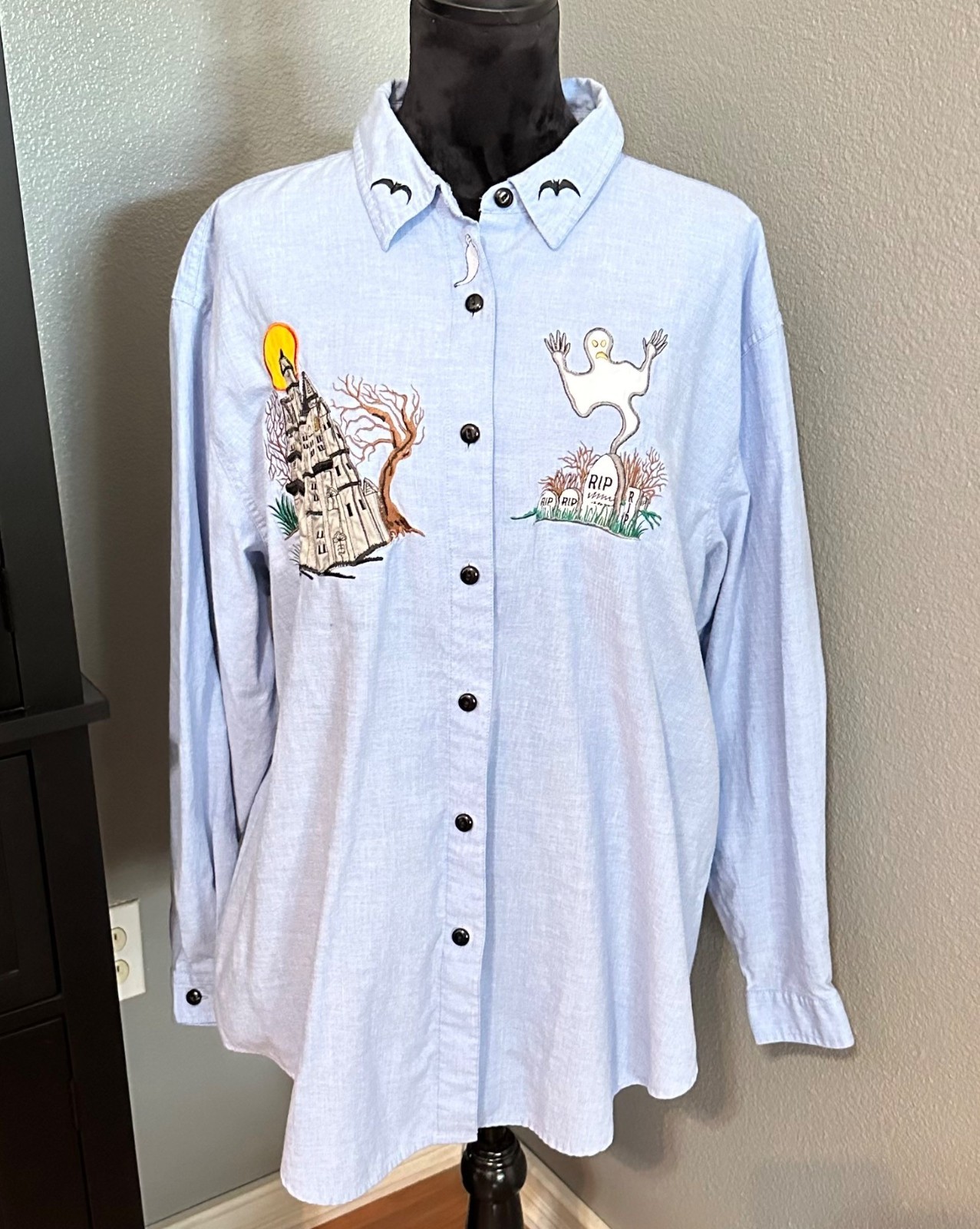 Vintage Falls Creek Halloween Shirt 22W Ghost House Embroidered Y2K Button Up