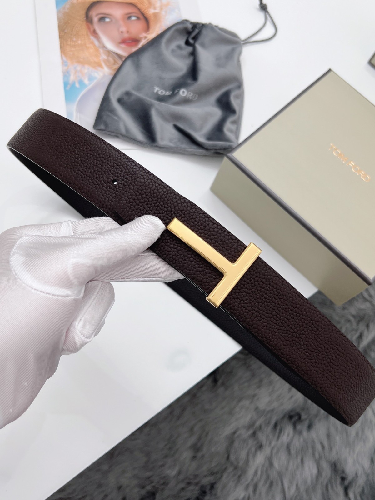 Tom Ford Belt Reversible Gold T-Buckle, Brown/Black Calfskin Leather
