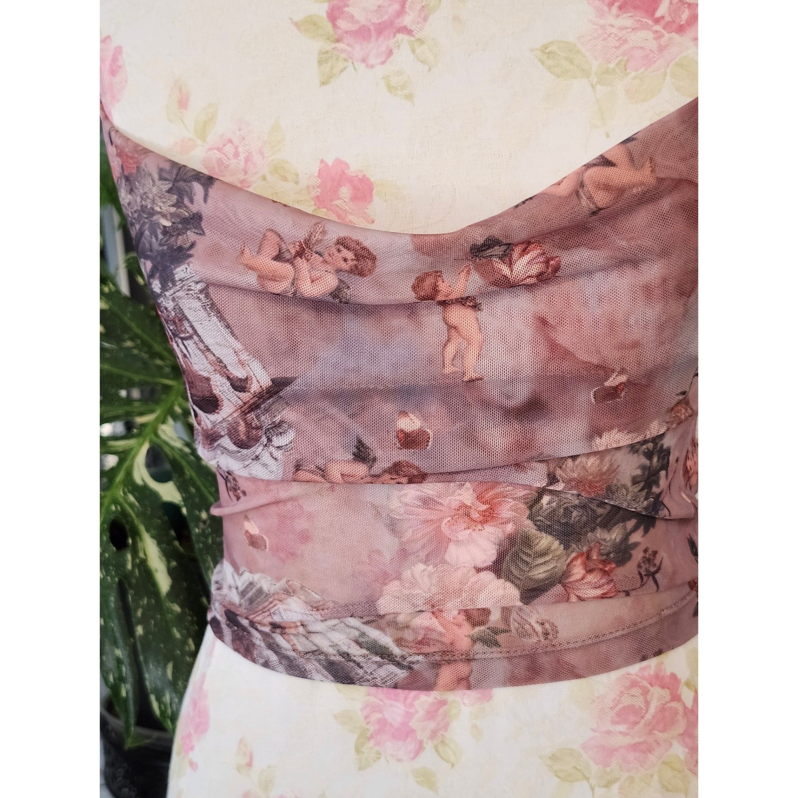 SHEIN Angel Print Mesh Cowl Neck Crop Top Small Coquette Fairycore Y2K ✨