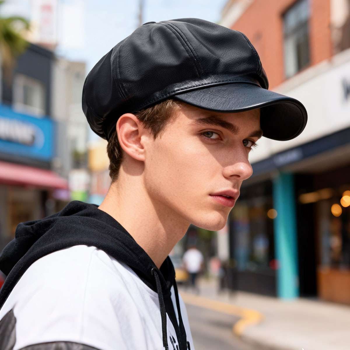 French Retro Ladies Artist PU Leather Beret Cap Baker Boy Peaked Cap Newsboy Hat