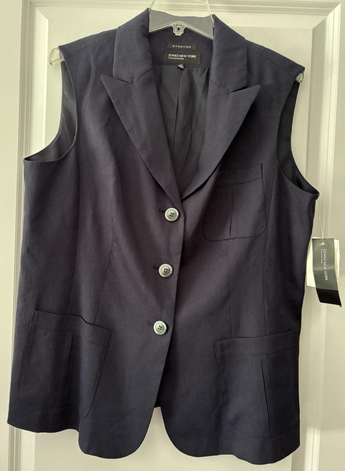 NWT Jones New York Linen Blend Vest Size 16 Wear To Work Top Navy Blue Lined NEW