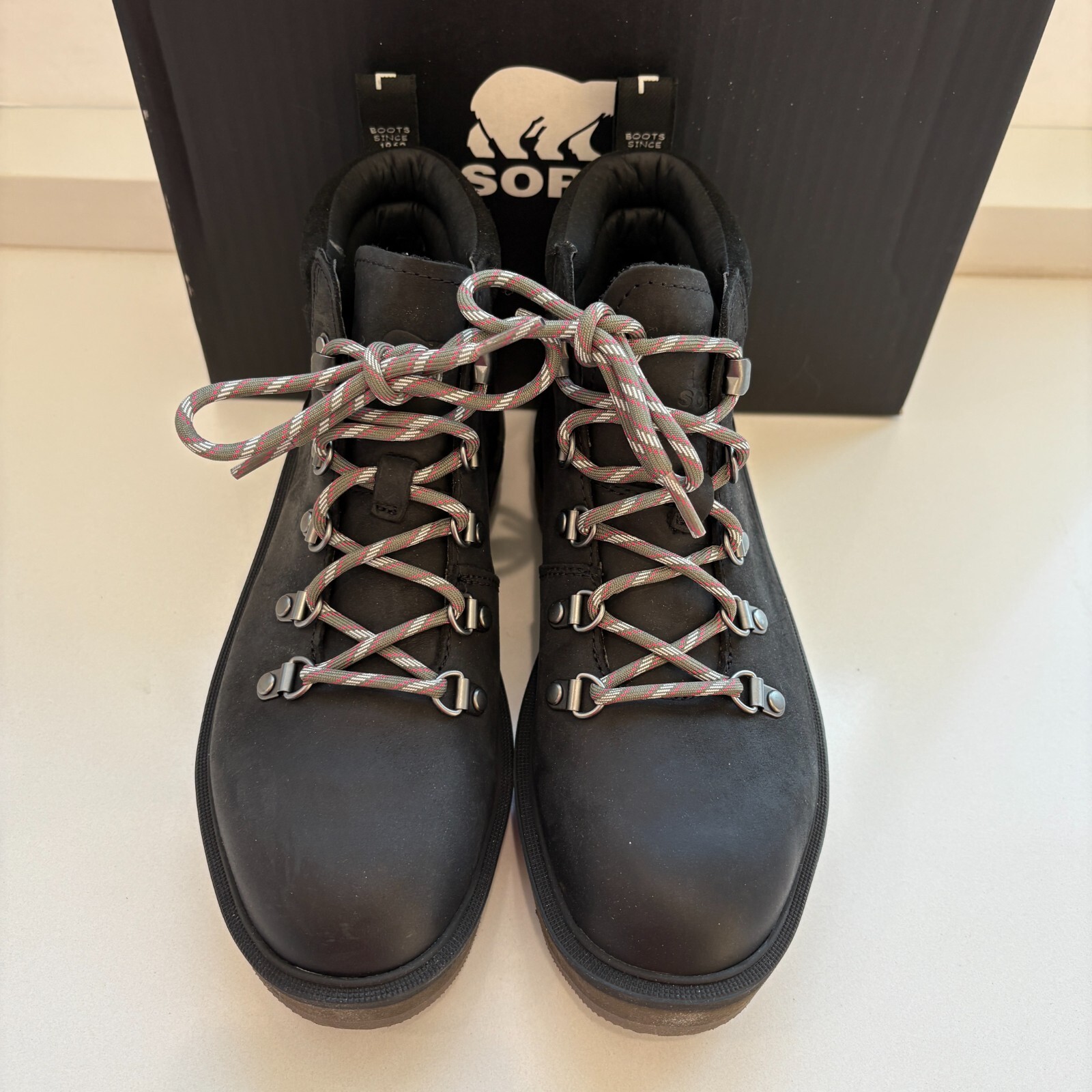 Sorel Hi-Line Hiker Boots Leather Lace Up Booties Black Jet Size 7 NEW