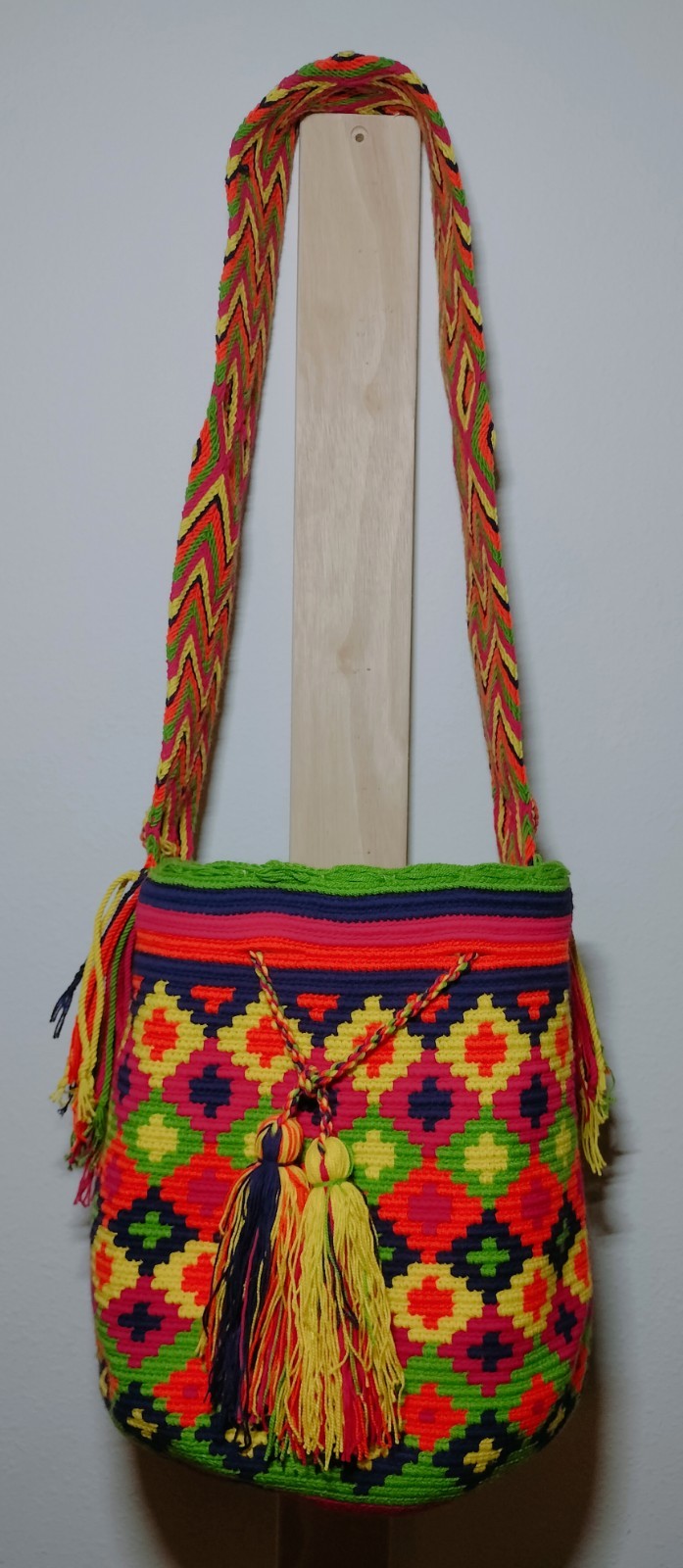 Wayuu Multicolor Geometric Bucket Bag With Tassel Drawstring Shoulder Strap