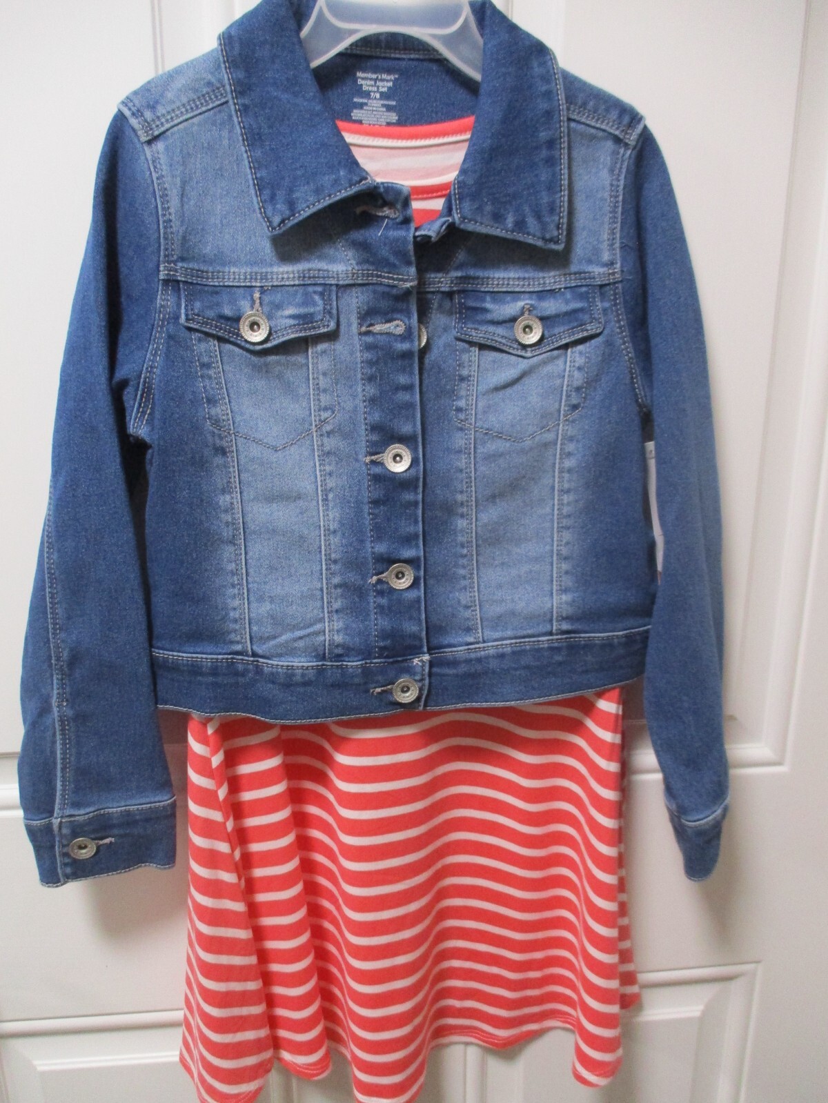 Member’s Mark Girls Coral Stripe Denim Jacket Dress Set 4/5 6/6x 7/8 10/12 14/16