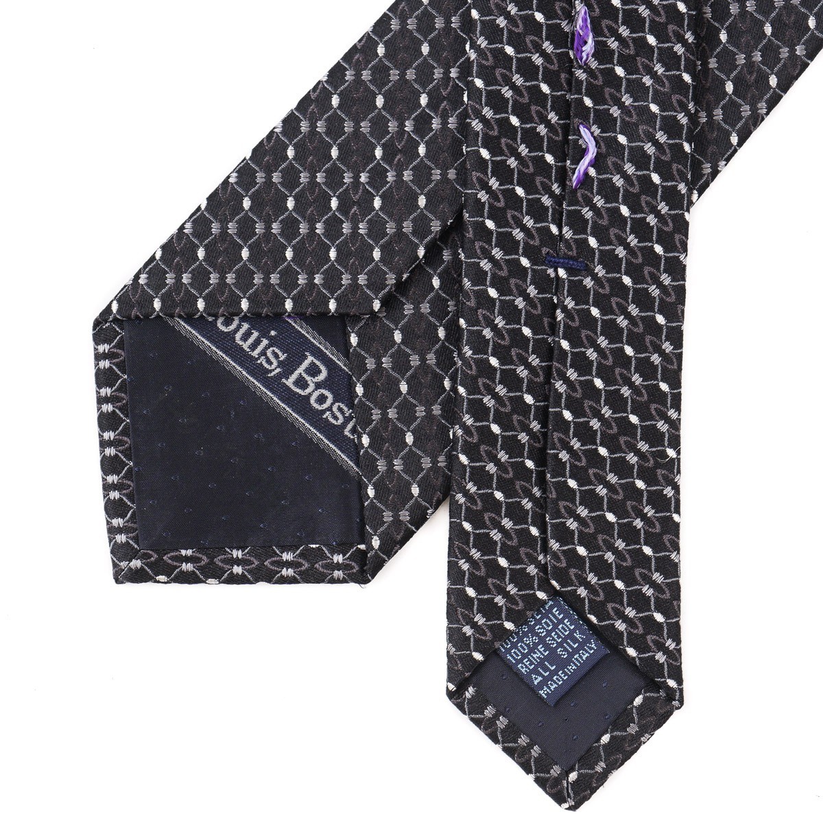 Massimo Bizzocchi Black and Gray Interlocking Pattern Silk Tie 7cm Width