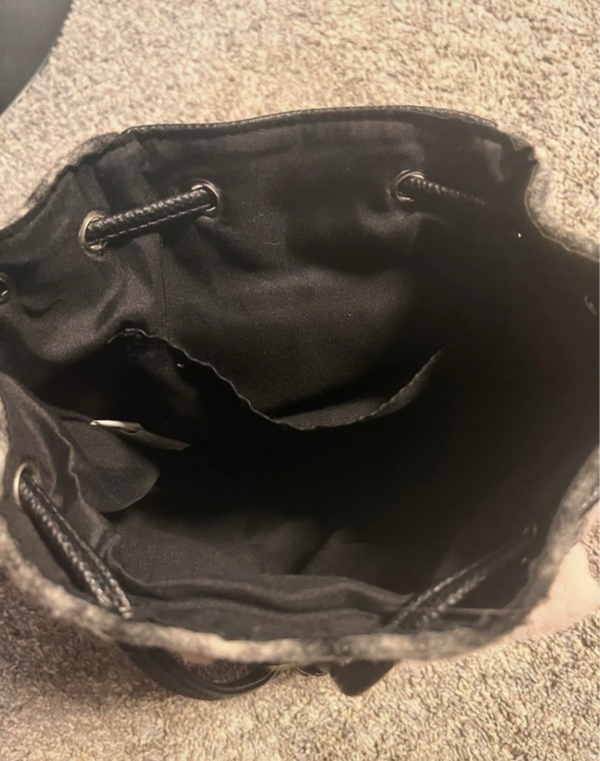 Claire’s Black & White Plaid Small Drawstring Backpack w/ Faux Fur Flap, Pockets