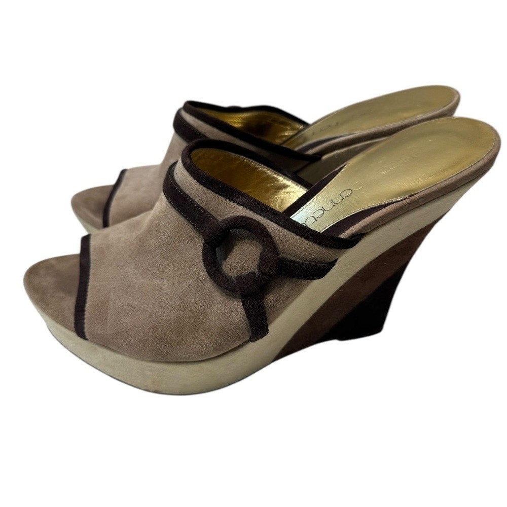 Jessica Bennett Elegant Tan Suede Mules with Dark Brown Trim Size: 10