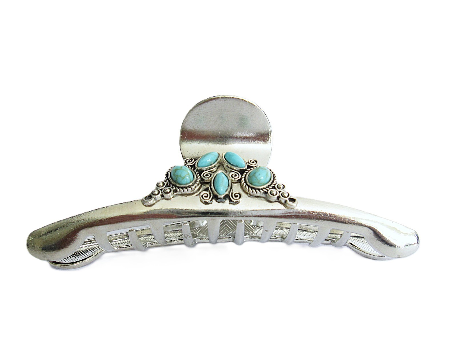 Large shiny turquoise blue stone silver metal western hair claw clip