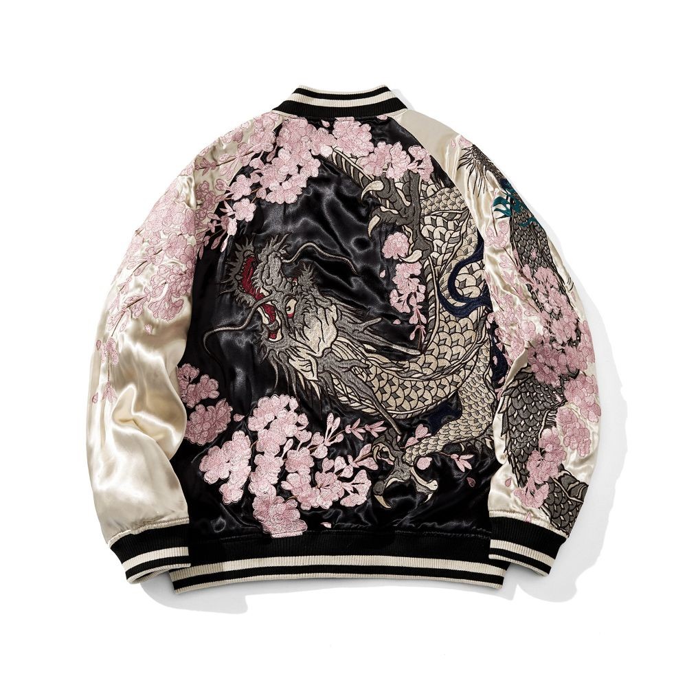 Japanese Embroidered Sukajan Reversible Bomber Jacket 3XL Black Ivory DH-S007