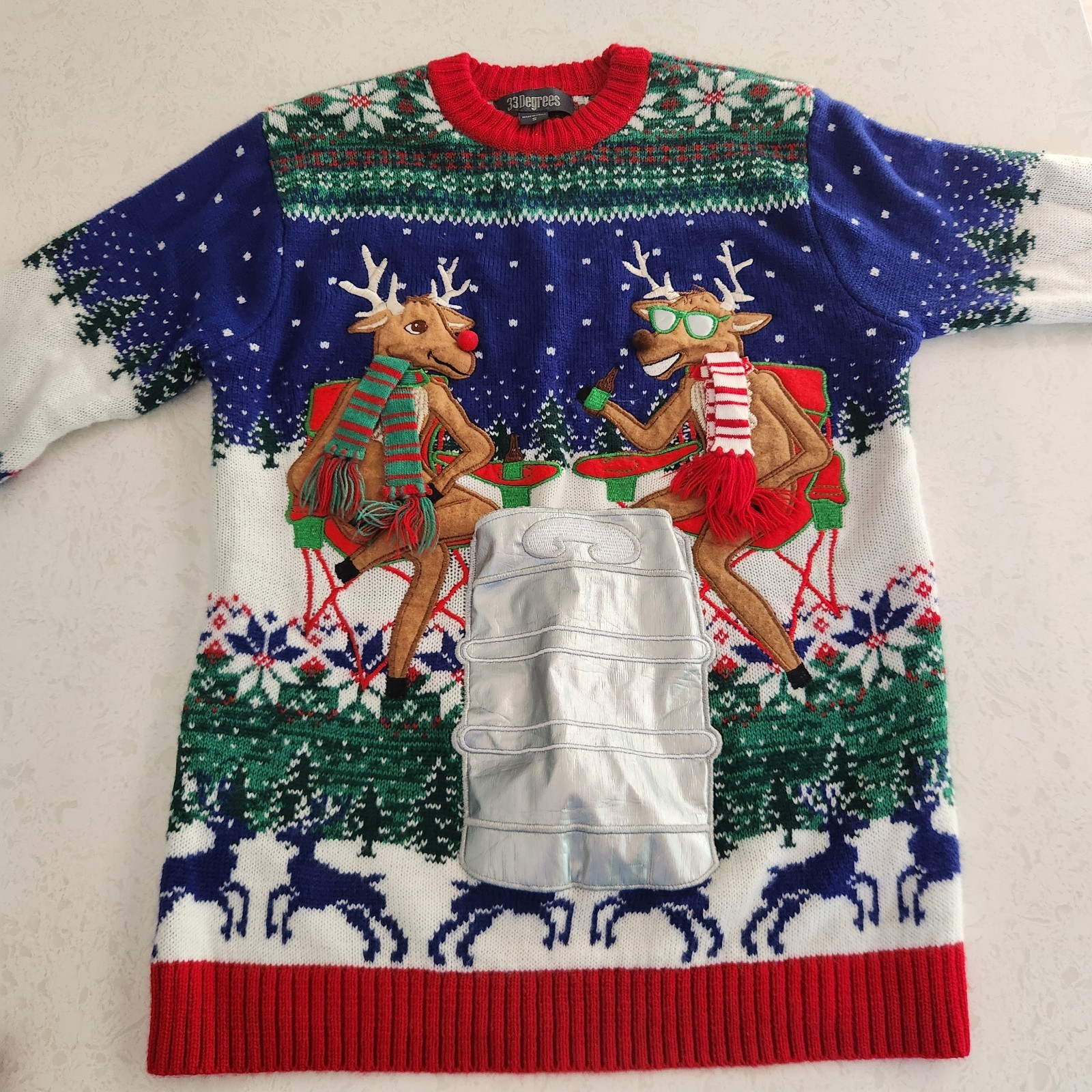 Ugly Christmas Sweater 33 Degrees Holiday Reindeer Beer Bottle Pocket Sz S