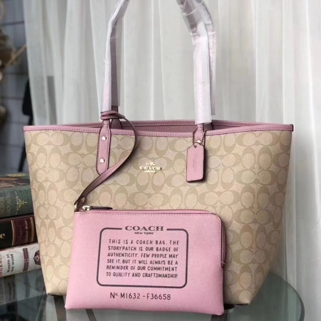 Coach F36658 Brown / Pink Reversible City Tote Bag With Pouch Outlet NWT