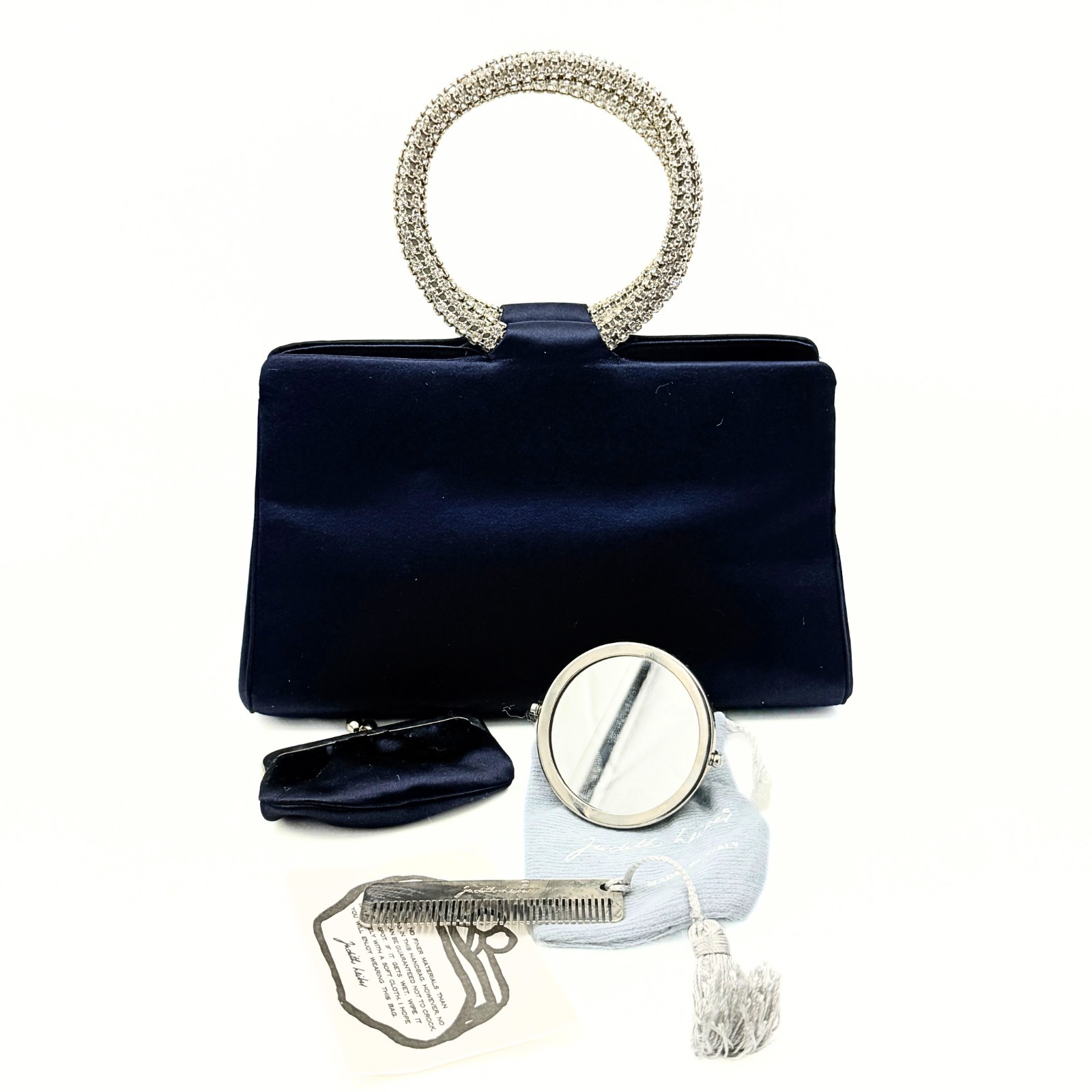 Judith Leiber Midnight Blue Satin Rhinestone O-Ring Top Handle Clutch Bag