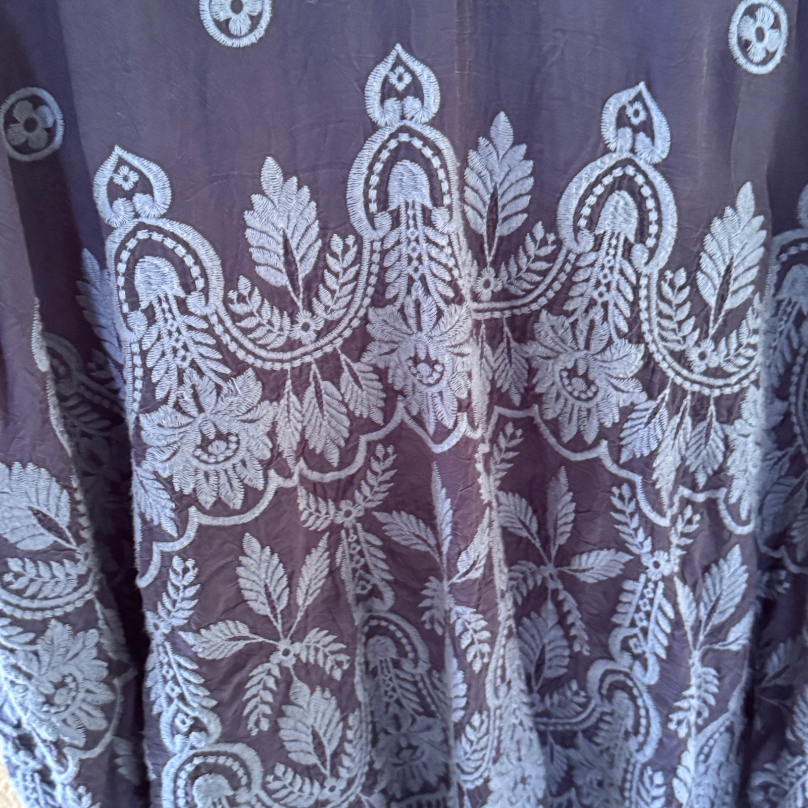 Johnny Was Navy Embroidered Tunic Dress XL Cupra Rayon Lace Trim Boho Floral