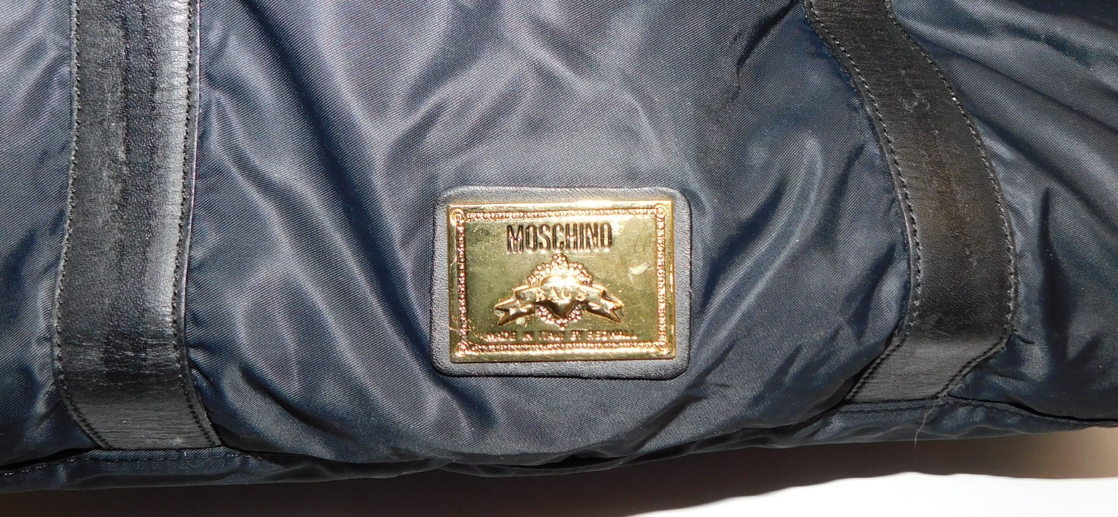 Moschino Redwall Italy Black Nylon Leather Block Leather Duffle Tote Bag