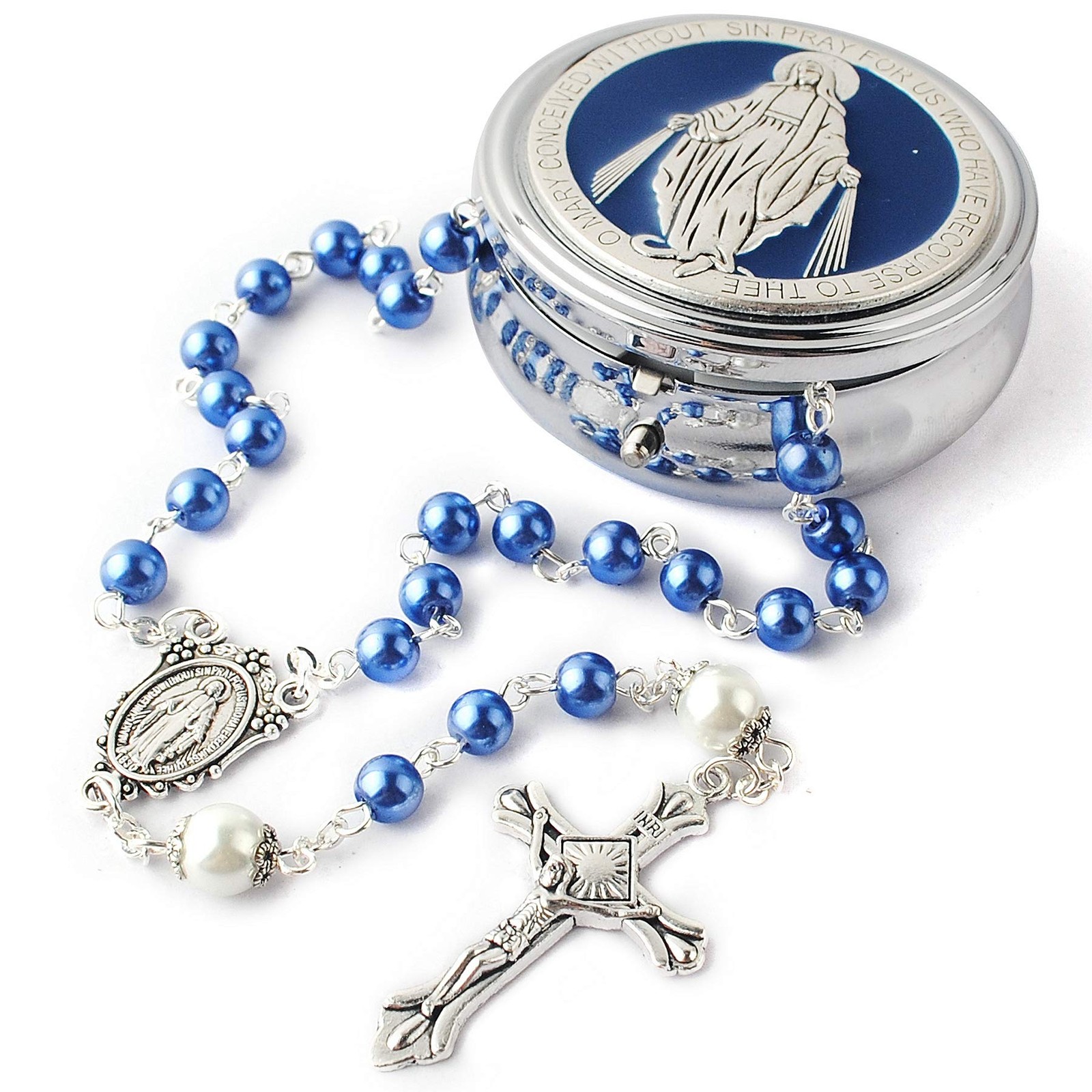 HanlinCC 6mm Glass 53cm (20.8 inches), Blue Rosary with Miraculous Gift Box