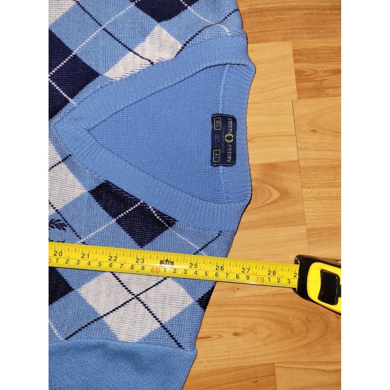 Fred Perry Argyle V-Neck Light Baby Blue Sweater, Made In England, Large