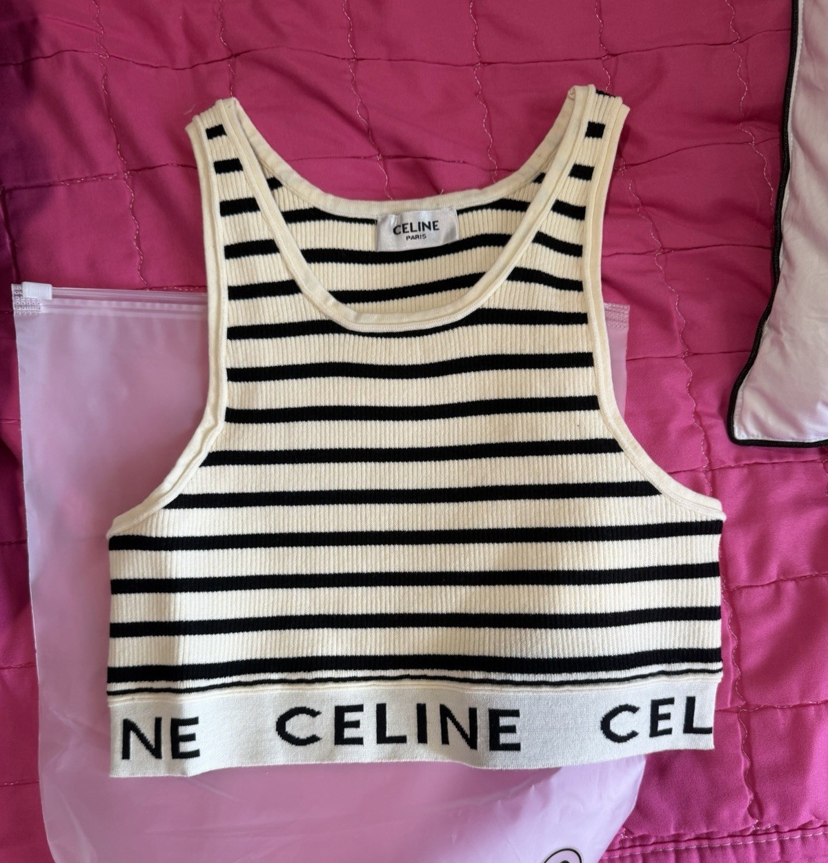 CELINE Striped Knit Sports Bra Beige/Black Logo Band Wireless Size S