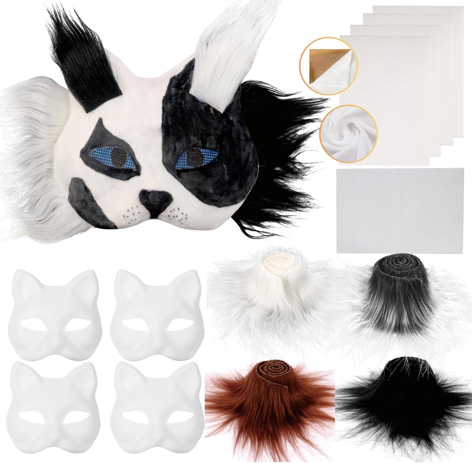 Therian Mask Kit Cat Fox Masks with Fur & Eye Mesh and Felt Sheet 4PCS Furry Ani