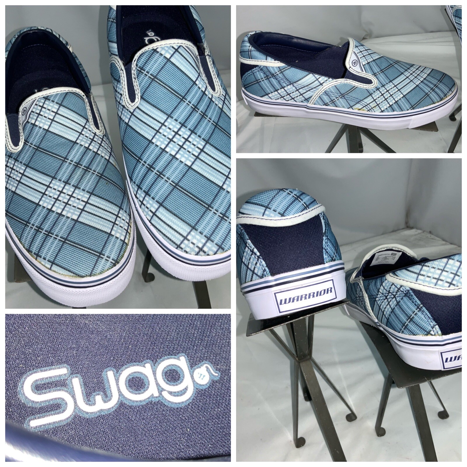 Warrior Swag Skateboard Shoes Sz 8.5 D Men Blue Plaid Slip On New YGI I1S-73