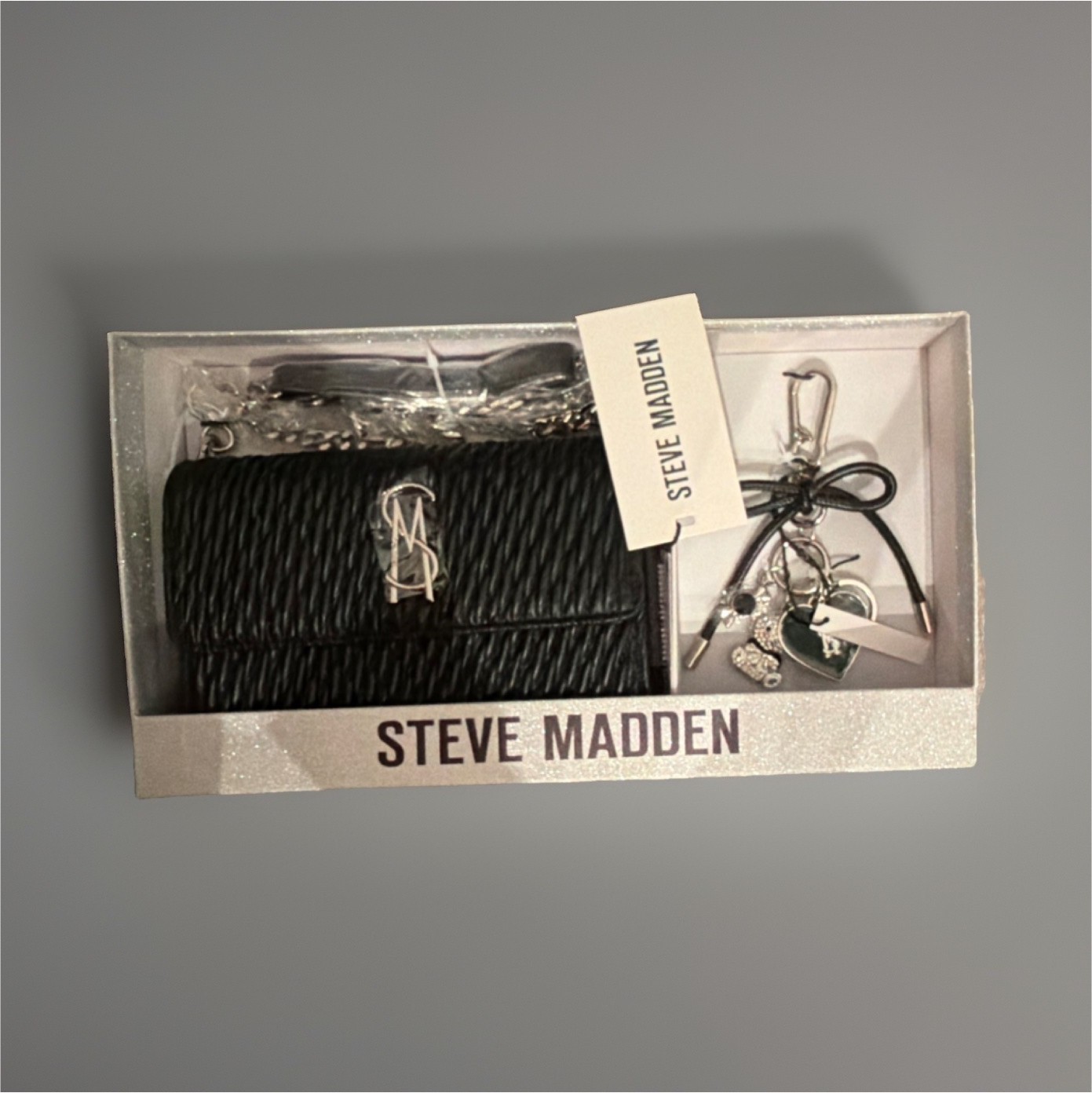 Steve Madden Black Shoulder Bag Chain Strap with Charm, Logo, Bow, Heart & Bear
