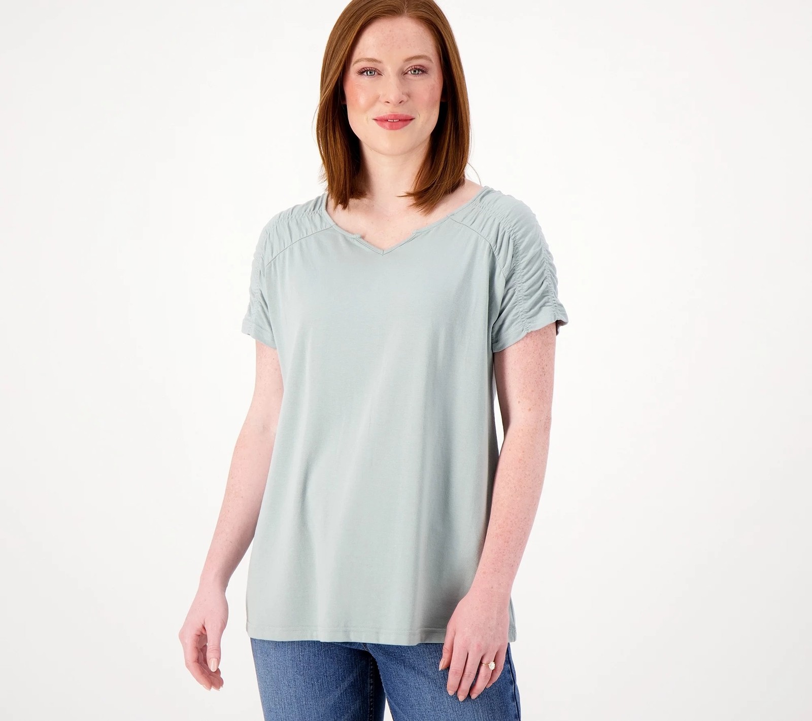 Laurie Felt Cotton Rayon Made From Bamboo Smocked Shoulder Tee Shirt Sage XXS Ne