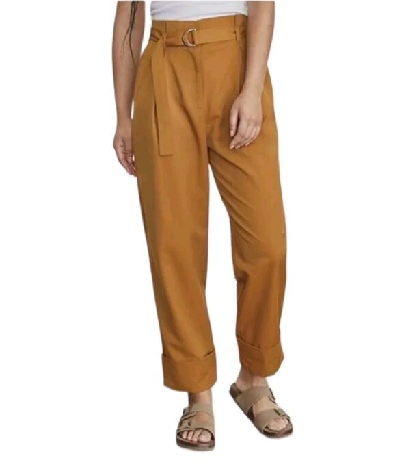 Elizabeth And James Paperbag Belted Pleated Mustard Brown Cuff Ankle Pants 10 M