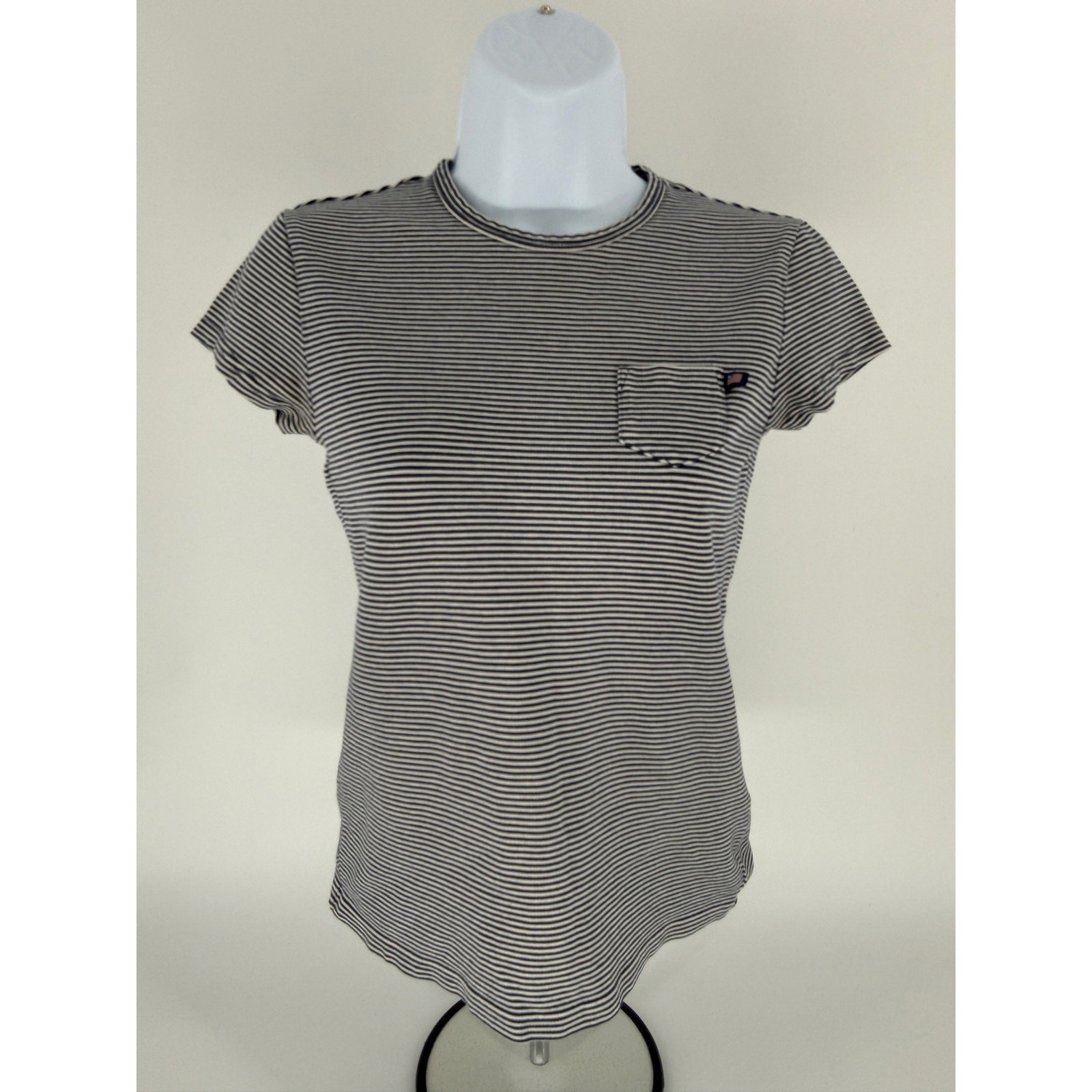 Polo Jeans Co Ralph Lauren Womens Small Black White Stripe Pocket T Shirt USA